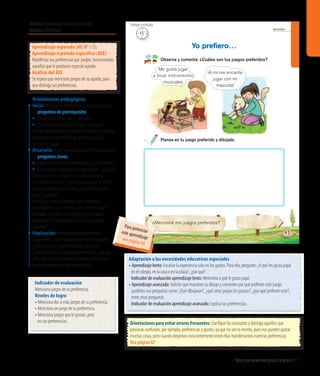 Ámbito: Formación personal y social
Núcleo: Identidad
Nos conocemos poco a poco 71
43
Identidad
Observa y comenta: ¿Cuáles son tus juegos preferidos?
Yo preﬁero…
¿Mencioné mis juegos preferidos?
Me gusta jugar
a tocar instrumentos
musicales.
Piensa en tu juego preferido y dibújalo.
¡A mí me encanta
jugar con mi
mascota!
15’
Tiempo estimadoÁmbito: Formación personal y social
Núcleo: Identidad
Indicador de evaluación
Menciona juegos de su preferencia.
Niveles de logro
• Menciona dos o más juegos de su preferencia.
• Menciona un juego de su preferencia.
• Menciona juegos que le gustan, pero
	 no sus preferencias.
Aprendizaje esperado (AE) N° 1 (S).
Aprendizaje esperado específico (AEE)
Manifestar sus preferencias por juegos, mencionando
aquellos que le producen especial agrado.
Análisis del AEE
Se espera que mencione juegos de su agrado, para
que distinga sus preferencias.
Orientaciones pedagógicas
Inicio: Movilice las experiencias previas realizando
las preguntas de prerrequisito:
•¿Les gusta elegir su ropa?, ¿por qué?
•¿Qué otras cosas les gusta elegir?, ¿por qué?
Solicite previamente que traigan o dibujen su juguete
preferido y lo presenten al grupo mencionando
por qué les gusta.
Desarrollo: Active nuevos conocimientos realizando
las preguntas claves:
•¿Saben lo que son las preferencias?, ¿cuáles tienen?
•¿Qué ocurriría si no pudieran expresarlas?, ¿por qué?
Luego, consulte a los párvulos sobre la escena,
con preguntas como: ¿A qué le gusta jugar al niño?,
¿con qué jugará?, y a la niña, ¿con quién le gusta
jugar?, ¿por qué?
Invítelos a mencionar juegos que les gusten
y escríbalos en una cartulina. Una vez que hayan
dibujado, solicíteles que expongan sus trabajos
y pregunte: ¿Todos dibujaron el mismo juego?,
¿por qué?
Finalización: Retroalimente la experiencia
preguntando: ¿Qué trabajamos en esta actividad?
¿Cuáles eran su juegos favoritos?, ¿por qué?
¿Todos tenemos las mismas preferencias?, ¿por qué?
¿Para qué nos sirve conocer nuestras preferencias?,
¿qué aprendieron en esta experiencia?
Adaptación a las necesidades educativas especiales
• Aprendizaje lento: Focalice la experiencia solo en los gustos. Para ello, pregunte: ¿A qué les gusta jugar
	 en el colegio, en la casa o en la plaza?, ¿por qué?
	 Indicador de evaluación aprendizaje lento: Menciona a qué le gusta jugar.
• Aprendizaje avanzado: Solicite que muestren su dibujo y comenten por qué prefieren este juego,
	 ayúdelos con preguntas como: ¿Qué dibujaron?, ¿qué otros juegos les gustan?, ¿por qué prefieren este?,
	 entre otras preguntas.
	 Indicador de evaluación aprendizaje avanzado: Explica sus preferencias.
Orientaciones para evitar errores frecuentes: Clarifique los conceptos y distinga aquellos que
provocan confusión, por ejemplo, preferencias y gustos, ya que no son lo mismo, pues nos pueden gustar
muchas cosas, pero cuando elegimos conscientemente entre ellas manifestamos nuestras preferencias.
Vea página 87
Para potenciareste aprendizajevea página 84
 
