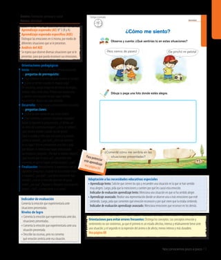 Ámbito: Formación personal y social
Núcleo: Identidad
Nos conocemos poco a poco 73
45
Identidad
Observa y cuenta: ¿Qué sentirías tú en estas situaciones?
¿Cómo me siento?
¿Comenté cómo me sentiría en las
situaciones presentadas?
Dibuja o pega una foto donde estés alegre.
¡Nos vamos de paseo! ¡Se pinchó mi pelota!
15’
Tiempo estimado
Indicador de evaluación
Comenta la emoción que experimentaría ante
situaciones presentadas.
Niveles de logro
• Comenta la emoción que experimentaría ante dos 	
	 situaciones presentadas.
• Comenta la emoción que experimentaría ante una 	
	 situación presentada.
• Describe las escenas, pero no comenta
	 qué emoción sentiría ante esa situación.
Aprendizaje esperado (AE) N° 3 (R y A).
Aprendizaje esperado específico (AEE)
Distinguir las emociones en sí mismo, por medio de
diferentes situaciones que se le presentan.
Análisis del AEE
Se espera que observe diversas situaciones que se le
presentan, para que pueda reconocer sus emociones.
Orientaciones pedagógicas
Inicio: Movilice las experiencias previas realizando
las preguntas de prerrequisito:
• ¿Qué sintieron el primer día que vinieron al colegio?
• ¿Cómo se sienten cuando les regalan algo?
En una bolsa, ponga imágenes de rostros de alegría,
tristeza, rabia, entre otras. Pídales que saquen una
y cuenten una situación en que hayan sentido
esa emoción. Repita con cada emoción.
Desarrollo: Active nuevos conocimientos realizando
las preguntas claves:
• ¿Cómo se dan cuenta de que están tristes?
• ¿Qué sucedería si siempre estuvieran enojados?
Apoye la experiencia preguntando: ¿A dónde van
los niños de la primera imagen?, ¿cómo se sienten?,
¿qué sienten ustedes cuando van de paseo?
¿Qué le sucede al niño que está junto a la pelota?,
¿cómo se sentirá?, ¿por qué?, ¿cómo se sentirían
en su lugar? Solicite previamente una foto o pida
que dibujen. A medida que vayan presentando
sus imágenes, pregunte: ¿Por qué se sentían alegres?,
¿qué ocurrió que los puso así?, ¿recuerdan otro
momento en que se hayan sentido alegres?, ¿cuál?
Finalización: Retroalimente la experiencia con las
siguientes preguntas: ¿Cuándo se han sentido tristes
o enojados?, ¿por qué?, ¿qué otras emociones han
sentido?, ¿cuál es la emoción que más les gusta
sentir?, ¿por qué? ¿Pegaron o dibujaron una situación
alegre?, ¿cuál?, ¿la expusieron a su curso?
Adaptación a las necesidades educativas especiales
• Aprendizaje lento: Solicite que cierren los ojos y recuerden una situación en la que se han sentido
	 muy alegres. Luego, pida que la mencionen y cuenten por qué les causó esta emoción.			
	 Indicador de evaluación aprendizaje lento: Menciona una situación en que se ha sentido alegre.
• Aprendizaje avanzado: Realice una representación donde se observe una o más emociones que esté 	
	 sintiendo. Luego, pida que comenten qué emoción reconocen y por qué creen que la estaba sintiendo.
	 Indicador de evaluación aprendizaje avanzado: Menciona emociones que reconoce en los demás.
Orientaciones para evitar errores frecuentes: Distinga los conceptos. Los conceptos emoción y
sentimiento no son sinónimos, ya que el primero es un estado afectivo, intenso y relativamente breve ante
una situación; y el segundo es la expresión del ánimo o de afecto, menos intenso y más duradero.
Vea página 88
Para potenciareste aprendizajevea página 84
 