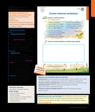 Nos conocemos poco a poco 75
47
Escucha y comenta el poema.
Cuento historias fantásticas
¿Conté algunas fantasías?
Mi caballo dorado
Tengo una fantasía
que nunca te he contado,
donde viajo por las nubes
¡en un caballo dorado!
A veces voy al espacio,
y converso con las estrellas,
y como es mi fantasía,
¡todas ellas me contestan!
También viajo al pasado,
a jugar con brontosaurios
y siempre regreso volando
¡en mi caballo dorado!
Equipo editorial
Inventa una historia fantástica y cuéntala. Luego, dibújala.
Identidad
20’
Tiempo estimadoÁmbito: Formación personal y social
Núcleo: Identidad
Indicador de evaluación
Cuenta historias con elementos fantásticos.
Niveles de logro
• Cuenta una historia con algunos
	 elementos fantásticos.
• Cuenta una historia con un elemento fantástico.
• Cuenta una historia, pero no utiliza
	 elementos fantásticos.
Aprendizaje esperado (AE) N° 4 (S).
Aprendizaje esperado específico (AEE)
Expresar su mundo interno exteriorizando
sus fantasías.
Análisis del AEE
Se espera que cree y relate historias fantásticas, para
que pueda exteriorizar su mundo interno (fantasías de
su imaginación consciente).
Orientaciones pedagógicas
Inicio: Movilice las experiencias previas realizando
las preguntas de prerrequisito:
• ¿Se imaginan llegar al colegio y que estuviera 	
	 flotando sobre una nube?, ¿cómo podrían subir?
Ponga la pista 8 del CD de audio. Solicite que cierren
los ojos, escuchen la música, y se imaginen que van
caminando y de pronto vuelan y viajan por el cielo
hacia un lugar muy entretenido. Luego, pregunte:
¿Volaron?, ¿cómo?, ¿hacia dónde viajaron?,
¿qué hicieron ahí?, ¿todos imaginaron lo mismo?
Desarrollo: Active nuevos conocimientos realizando
las preguntas claves:
• ¿Cómo se imaginan una historia fantástica?
• ¿Quépasaríasinuestrasfantasíassehicieranrealidad?
Luego, pida que cierren los ojos e invite a escuchar
el poema“Mi caballo dorado”, en la pista 7 del CD
de audio; pida que comenten lo que imaginaron al
escucharlo y pregunte: ¿Cómo se imaginan
el caballo?, ¿tendrá alas?, ¿por dónde viajan?,
¿con quién conversa en el espacio?, ¿con quién juega
en el pasado?, ¿cómo regresa? Invítelos a exponer sus
dibujos y compartir sus fantasías; pregúnteles si hay
fantasías parecidas y cómo sería si se hicieran realidad.
Finalización: Retroalimente la experiencia con las
siguientes preguntas: ¿Qué fantasía dibujaron?,
¿por qué? Si pudieran hacer realidad algo de sus
fantasías, ¿qué cosas elegirían?, ¿por qué?
Adaptación a las necesidades educativas especiales
• Aprendizaje lento: Focalice la experiencia en el poema; pregunte: ¿Cómo es el caballo?, ¿existen caballos 	
	 que vuelan?, ¿y dorados?, ¿se imaginan cómo sería volar en él?, ¿a dónde irían?, ¿qué harían ahí?		
	 Indicador de evaluación aprendizaje lento: Comenta sobre las fantasías que se presentan en un poema.
• Aprendizaje avanzado: Solicíteles que, luego de mencionar algunas de sus fantasías,
	 elijan una y comenten qué sentimientos les produce.
	 Indicador de evaluación aprendizaje avanzado: Menciona los sentimientos que le produce
	 una de sus fantasías.
Orientaciones para evitar errores frecuentes: Evite la confusión de los conceptos sueños y fantasías,
ya que no son lo mismo. El primero corresponde a manifestaciones mentales de imágenes, sonidos y
pensamientos de un individuo mientras duerme; en cambio, las fantasías son producto de la imaginación
consciente. Vea página 88
Para potenciareste aprendizajevea página 85
 