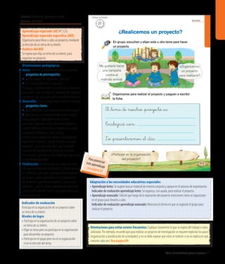 Nos conocemos poco a poco 77
Identidad
49
En grupo, escuchen y elijan este u otro tema para hacer
un proyecto.
¿Realicemos un proyecto?
¿Participé en la organización
del proyecto?
Organícense para realizar el proyecto y jueguen a escribir
la ﬁcha.
El _tema de nuestro _�royecto _es:
T_rabajaré _con:
�o _�resentaremos _el _día:
Me gustaría hacer
una campaña
contra el
maltrato animal.
¿Organicemos
un proyecto
para realizarla?
Indicador de evaluación
Participa en la organización de un proyecto sobre
un tema de su interés.
Niveles de logro
• Participa en la organización de un proyecto sobre 	
	 un tema de su interés.
• Elige un tema pero no participa en la organización	
	 para desarrollar un proyecto.
• Participa en el grupo pero no en la organización
	 ni en la elección del tema.
Aprendizaje esperado (AE) N° 2 (S).
Aprendizaje esperado específico (AEE)
Organizarse para llevar a cabo un proyecto, mediante
la elección de un tema de su interés.
Análisis del AEE
Se espera que elija un tema de su interés, para
organizar un proyecto.
Orientaciones pedagógicas
Inicio: Movilice las experiencias previas realizando
las preguntas de prerrequisito:
• Cuando juegan, ¿se organizan?, ¿por qué?
• ¿Les cuesta organizarse?, ¿por qué?
En grupos, conversen sobre los pasos que se necesitan
para llevar a cabo un proyecto; pregunte qué debemos
realizar en cada caso y por qué es importante hacerlo.
Desarrollo: Active nuevos conocimientos realizando
las preguntas claves:
• ¿Qué deben hacer para realizar un proyecto grupal?
• ¿Qué pasaría si un integrante no realiza su parte?
Luego, pregunte: ¿Qué quiere hacer la niña?,
¿por qué?, ¿qué otros temas les interesa conocer a
ustedes? Mientras desarrollan la experiencia, ayude
a organizar el proyecto y llenar la ficha.
Explique que al trabajar en equipo es fundamental
organizarse. Pregunte: ¿De qué manera se pueden
organizar?, ¿qué hará cada uno?, ¿qué sucedería
si uno de los integrantes del grupo no cumpliera
con su tarea?, ¿por qué es importante que todos sepan
lo que tienen que hacer?
Finalización: Retroalimente con preguntas como:
¿Por qué es importante organizarse?, ¿todos cumplirán
el mismo rol?, ¿por qué?, ¿qué hará cada integrante
del grupo?, ¿todos participaron en la organización
del proyecto?, ¿qué tema escogieron?, ¿por qué lo
eligieron?, ¿qué les llama la atención de este tema?,
¿qué quieren aprender de él?, ¿qué aprendieron con
esta experiencia?
Orientaciones para evitar errores frecuentes: Explique claramente lo que se espera del trabajo o tarea
solicitada. Por ejemplo, recuerde que para realizar un proyecto de investigación se requiere explicitar los pasos
(organización y planificación de actividades) y no se debe esperar que estos se realicen si no se explica en qué
consiste cada uno. Vea página 89
Adaptación a las necesidades educativas especiales
• Aprendizaje lento: Se sugiere buscar material de manera conjunta y apoyar en el proceso de organización.	
	 Indicador de evaluación aprendizaje lento: Se organiza, con ayuda, para realizar el proyecto.
• Aprendizaje avanzado: Solicite que luego de la exposición del proyecto mencionen cómo se organizaron 	
	 en el grupo para llevarlo a cabo.
	 Indicador de evaluación aprendizaje avanzado: Menciona la forma en que se organizó el grupo para
realizar el proyecto.
Ámbito: Formación personal y social
Núcleo: Identidad
25’
Tiempo estimado
Para potenciareste aprendizajevea página 85
 