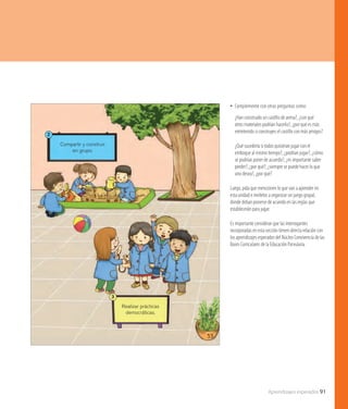 Aprendizajes esperados 91
53
Compartir y construir
en grupo.
Realizar prácticas
democráticas.
2
3
•• Complemente con otras preguntas como:
¿Han construido un castillo de arena?, ¿con qué
otros materiales podrían hacerlo?, ¿por qué es más
entretenido si construyes el castillo con más amigos?
¿Qué sucedería si todos quisieran jugar con el
emboque al mismo tiempo?, ¿podrían jugar?, ¿cómo
se podrían poner de acuerdo?, ¿es importante saber
perder?, ¿por qué?, ¿siempre se puede hacer lo que
uno desea?, ¿por qué?
Luego, pida que mencionen lo que van a aprender en
esta unidad e invítelos a organizar un juego grupal,
donde deban ponerse de acuerdo en las reglas que
establecerán para jugar.
Es importante considerar que las interrogantes
incorporadas en esta sección tienen directa relación con
los aprendizajes esperados del Núcleo Convivencia de las
Bases Curriculares de la Educación Parvularia.
 