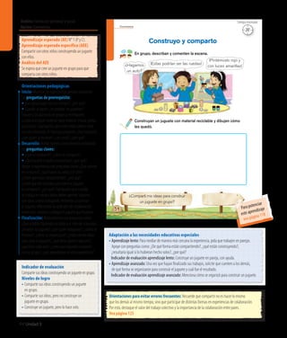 Ámbito:Formación personal y social
Núcleo:Convivencia
94 Unidad 3
Orientaciones para evitar errores frecuentes: Recuerde que compartir no es hacer lo mismo
que los demás al mismo tiempo, sino que participar de distintas formas en experiencias de colaboración.
Por esto, destaque el valor del trabajo colectivo y la importancia de la colaboración entre pares.
Vea página 125
Adaptación a las necesidades educativas especiales
• Aprendizaje lento: Para mediar de manera más cercana la experiencia, pida que trabajen en parejas.
Apoye con preguntas como: ¿De qué forma están compartiendo?, ¿qué están construyendo?,
¿resultaría igual si lo hubieran hecho solos?, ¿por qué?
	 Indicador de evaluación aprendizaje lento: Construye un juguete en pareja, con ayuda.
• Aprendizaje avanzado: Una vez que hayan finalizado sus trabajos, solicite que cuenten a los demás,
de qué forma se organizaron para construir el juguete y cuál fue el resultado.
	Indicador de evaluación aprendizaje avanzado: Menciona cómo se organizó para construir un juguete.
Aprendizaje esperado (AE) N° 1 (P y C).
Aprendizaje esperado específico (AEE)
Compartir con otros niños construyendo un juguete
con ellos.
Análisis del AEE
Se espera que cree un juguete en grupo para que
comparta con otros niños.
Orientaciones pedagógicas
Inicio: Movilice las experiencias previas realizando
las preguntas de prerrequisito:
• ¿Les gusta jugar con sus amigos?, ¿por qué?
• Cuando lo hacen, ¿se prestan los juguetes?
Separe a los párvulos en grupos y entrégueles
a cada uno algún material para modelar (masa, greda,
plasticina). Explíqueles, que entre todos deben crear
un solo elemento. Al finalizar pregunte: ¿Qué hicieron?,
¿con quién lo hicieron?, ¿les costó?, ¿por qué?
Desarrollo: Active nuevos conocimientos realizando
las preguntas claves:
• ¿Qué es compartir?, ¿cómo se comparte?
• ¿Qué pasaría si nadie compartiera?, ¿por qué?
Apoye la experiencia con preguntas como: ¿Qué sucede
en la escena?, ¿qué hacen las niñas y el niño?
¿Creen que están compartiendo?, ¿por qué?
¿Creen que dar una idea para hacer el juguete
es compartir?, ¿por qué? Explíqueles que cuando
se trabaja en equipo todos deben aportar: algunos
con ideas y otros trabajando. Anímelos a construir
el juguete, reforzando las actitudes de colaboración
entre ellos. Invítelos a dibujar el juguete que hicieron.
Finalización: Retroalimente con preguntas como:
¿Qué estaban haciendo las niñas y el niño de la escena?,
¿hicieron su juguete?, ¿con quién trabajaron?, ¿cómo lo
hicieron?, ¿cómo se organizaron?, ¿todos dieron ideas
para crear el juguete?, ¿qué ideas aportó cada uno?,
¿qué hizo cada uno?, ¿creen que lograron compartir
con su grupo?, ¿qué aprendieron en esta experiencia?
Convivencia
54
En grupo, describan y comenten la escena.
Construyo y comparto
Construyan un juguete con material reciclable y dibujen cómo
les quedó.
¿Compartí mis ideas para construir
un juguete en grupo?
¿Hagamos
un auto?
¡Estas podrían ser las ruedas!
¡Pintémoslo rojo y
con luces amarillas!
20’
Tiempo estimado
Indicador de evaluación
Compartesusideasconstruyendounjugueteengrupo.
Niveles de logro
•	Comparte sus ideas construyendo un juguete
en grupo.
•	Comparte sus ideas, pero no construye un
juguete en grupo.
•	Construye un juguete, pero lo hace solo.
Para potenciar
este aprendizaje
vea página 118
 