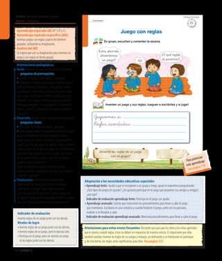 Ámbito:Formación personal y social
Núcleo:Convivencia
96 Unidad 3
Convivencia
En grupo, escuchen y comenten la escena.
Inventen un juego y sus reglas. Jueguen a escribirlas y ¡a jugar!
Juego con reglas
¿Inventé las reglas de un juego
con mi grupo?
¡Sí!
56
�ugaremos _a:
Reglas _acordadas:
Estoy aburrida.
¿Inventemos
un juego?
¿Y qué reglas
le ponemos?
Aprendizaje esperado (AE) N° 3 (P y C).
Aprendizaje esperado específico (AEE)
Inventar juegos con reglas a partir de intereses
grupales, utilizando su imaginación.
Análisis del AEE
Se espera que use su imaginación para inventar un
juego y sus reglas en forma grupal.
Orientaciones pedagógicas
Inicio: Movilice las experiencias previas realizando
las preguntas de prerrequisito:
• ¿Todos los juegos tienen reglas?, ¿por qué?
• ¿Cumplen las reglas que acuerdan cuando juegan?
Ofrezca diferentes elementos, como pelota, cuerda
y palitroques, entre otros, y pida que en grupo elijan
uno. Luego, solicite que inventen un juego con este
elemento y sus reglas. Invítelos a jugarlo y una vez
finalizado, pregunte: ¿A qué jugaron?, ¿le pusieron
reglas?, ¿cuáles?, ¿cumplieron las reglas acordadas?,
¿por qué?
Desarrollo: Active nuevos conocimientos realizando
las preguntas claves:
• ¿Para qué nos sirven las reglas?, ¿por qué?
• ¿Qué pasaría si no se cumplieran las reglas al jugar?
Apoye la experiencia haciendo preguntas como:
¿Qué le pasa a la niña y a los niños?, ¿a qué quieren
jugar?, ¿qué tipo de juego les gustaría jugar a ustedes?,
¿cómo pueden hacer que ese juego sea más divertido?,
¿qué cosas hay que hacer en este juego?, ¿qué cosas
no se pueden hacer?, ¿cuáles van a ser las reglas?,
¿podrían jugar a escribirlas?
Observe mientras los niños y las niñas juegan.
Luego, pregunte: ¿Cumplieron las reglas que jugaron
a escribir?, ¿por qué?
Finalización: Retroalimente preguntando:
¿Qué hacían los niños y las niñas de la escena?,
¿inventaron un juego?, ¿qué reglas pusieron?,
¿les costó ponerse de acuerdo?, ¿todos cumplieron
las reglas?, ¿todos dieron ideas para inventar el juego?,
¿por qué? ¿Qué aprendieron en esta experiencia?
Adaptación a las necesidades educativas especiales
•	Aprendizaje lento: Ayude a que se incorporen a un grupo y luego, apoye la experiencia preguntando:
¿Qué tipos de juegos les gustan?, ¿les gustaría participar en el juego que proponen sus amigos y amigas?,
¿por qué?
	 Indicador de evaluación aprendizaje lento: Participa en el juego con ayuda.
• Aprendizaje avanzado: Solicite que mencionen los procedimientos para llevar a cabo el juego
que inventaron. Escríbalos en una cartulina y cuando finalicen el juego, junto con los párvulos,
evalúen si se llevaron a cabo.
	 Indicador de evaluación aprendizaje avanzado: Menciona procedimientos para llevar a cabo el juego.
Orientaciones para evitar errores frecuentes: Recuerde que para que los niños y las niñas aprendan
que es bueno cumplir reglas, estas no deben ser impuestas de manera estricta. Es importante que ellos
también puedan inventar las reglas de sus juegos y trabajos, así disfrutarán y se interesarán en participar
y, de esta forma, las reglas serán significativas para ellos. Vea página 125
15’
Tiempo estimado
Indicador de evaluación
Inventa reglas de un juego junto con los demás.
Niveles de logro
•	Inventa reglas de un juego junto con los demás.
•	Inventa reglas de un juego, pero lo ejecuta solo.
•	Participa en el juego, pero no inventa un juego
ni las reglas junto con los demás.
Para potenciar
este aprendizaje
vea página 118
 