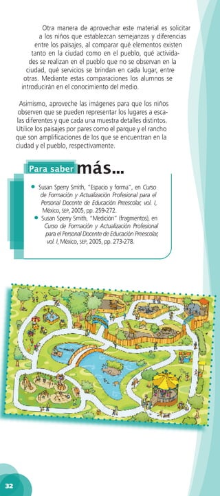 Otra manera de aprovechar este material es solicitar
              a los niños que establezcan semejanzas y diferencias
            entre los paisajes, al comparar qué elementos existen
           tanto en la ciudad como en el pueblo, qué activida-
          des se realizan en el pueblo que no se observan en la
         ciudad, qué servicios se brindan en cada lugar, entre
        otras. Mediante estas comparaciones los alumnos se
       introducirán en el conocimiento del medio.

      Asimismo, aproveche las imágenes para que los niños
      observen que se pueden representar los lugares a esca-
     las diferentes y que cada una muestra detalles distintos.
     Utilice los paisajes por pares como el parque y el rancho
     que son amplificaciones de los que se encuentran en la
     ciudad y el pueblo, respectivamente.




          • Susan Sperry Smith, ”Espacio y forma”, en Curso
             de Formación y Actualización Profesional para el
             Personal Docente de Educación Preescolar, vol. I,
              México, sep, 2005, pp. 259-272.
           • Susan Sperry Smith, “Medición” (fragmentos), en
              Curso de Formación y Actualización Profesional
               para el Personal Docente de Educación Preescolar,
               vol. I, México, sep, 2005, pp. 273-278.




32
 