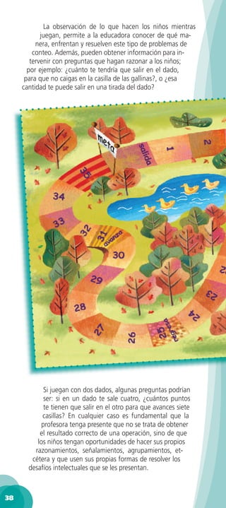 La observación de lo que hacen los niños mientras
            juegan, permite a la educadora conocer de qué ma-
          nera, enfrentan y resuelven este tipo de problemas de
         conteo. Además, pueden obtener información para in-
        tervenir con preguntas que hagan razonar a los niños;
       por ejemplo: ¿cuánto te tendría que salir en el dado,
      para que no caigas en la casilla de las gallinas?, o ¿esa
     cantidad te puede salir en una tirada del dado?




             Si juegan con dos dados, algunas preguntas podrían
             ser: si en un dado te sale cuatro, ¿cuántos puntos
             te tienen que salir en el otro para que avances siete
            casillas? En cualquier caso es fundamental que la
            profesora tenga presente que no se trata de obtener
           el resultado correcto de una operación, sino de que
          los niños tengan oportunidades de hacer sus propios
         razonamientos, señalamientos, agrupamientos, et-
        cétera y que usen sus propias formas de resolver los
       desafíos intelectuales que se les presentan.



38
 