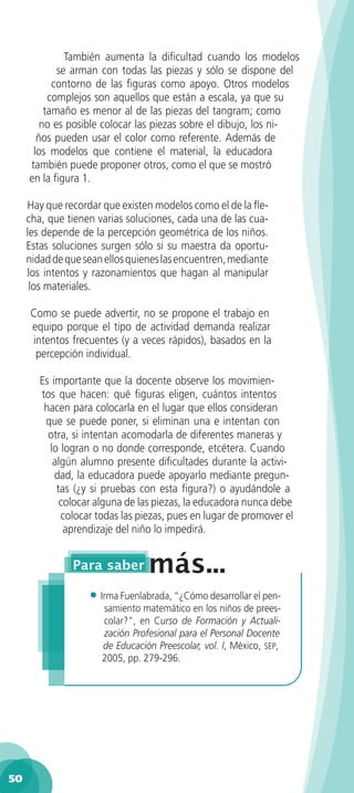 También aumenta la dificultad cuando los modelos
            se arman con todas las piezas y sólo se dispone del
           contorno de las figuras como apoyo. Otros modelos
          complejos son aquellos que están a escala, ya que su
         tamaño es menor al de las piezas del tangram; como
        no es posible colocar las piezas sobre el dibujo, los ni-
       ños pueden usar el color como referente. Además de
      los modelos que contiene el material, la educadora
     también puede proponer otros, como el que se mostró
     en la figura 1.

     Hay que recordar que existen modelos como el de la fle-
     cha, que tienen varias soluciones, cada una de las cua-
     les depende de la percepción geométrica de los niños.
     Estas soluciones surgen sólo si su maestra da oportu-
     nidad de que sean ellos quienes las encuentren, mediante
     los intentos y razonamientos que hagan al manipular
      los materiales.

     Como se puede advertir, no se propone el trabajo en
     equipo porque el tipo de actividad demanda realizar
     intentos frecuentes (y a veces rápidos), basados en la
      percepción individual.

        Es importante que la docente observe los movimien-
        tos que hacen: qué figuras eligen, cuántos intentos
         hacen para colocarla en el lugar que ellos consideran
         que se puede poner, si eliminan una e intentan con
          otra, si intentan acomodarla de diferentes maneras y
          lo logran o no donde corresponde, etcétera. Cuando
           algún alumno presente dificultades durante la activi-
            dad, la educadora puede apoyarlo mediante pregun-
            tas (¿y si pruebas con esta figura?) o ayudándole a
             colocar alguna de las piezas, la educadora nunca debe
             colocar todas las piezas, pues en lugar de promover el
              aprendizaje del niño lo impedirá.




                   • Irma Fuenlabrada, “¿Cómo desarrollar el pen-
                      samiento matemático en los niños de prees-
                      colar?”, en Curso de Formación y Actuali-
                      zación Profesional para el Personal Docente
                      de Educación Preescolar, vol. I, México, sep,
                      2005, pp. 279-296.




50
 