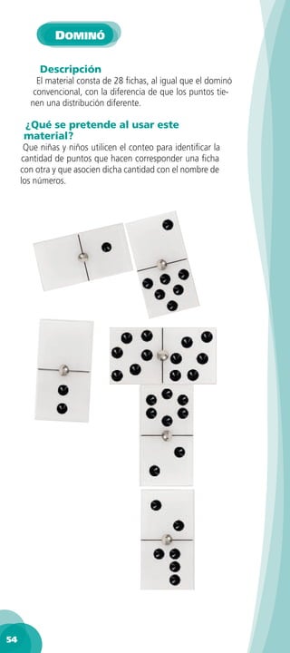 DOMINÓ

          Descripción
         El material consta de 28 ﬁchas, al igual que el dominó
        convencional, con la diferencia de que los puntos tie-
       nen una distribución diferente.

     ¿Qué se pretende al usar este
     material?
      Que niñas y niños utilicen el conteo para identiﬁcar la
     cantidad de puntos que hacen corresponder una ﬁcha
     con otra y que asocien dicha cantidad con el nombre de
     los números.




54
 