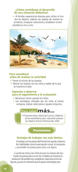 ¿Cómo	contribuye	al	desarrollo	
         de	una	situación	didáctica?
       • Al brindar experiencias diversas para utilizar el con-
         teo de objetos, ordenar las tarjetas de manera as-
        cendente, comparar colecciones y establecer corres-
       pondencia uno a uno.




     Para	considerar	
     antes	de	realizar	la	actividad
     • Prever el recorte de las tarjetas.
     • Revisar las tarjetas con los niños y hablar de lo que
        se muestra en ellas.

       Aspectos	a	observar	
       para	el	seguimiento	y	la	evaluación
       • Reconocer cómo cuentan los niños.
       • Las estrategias utilizadas por los niños al contar,
          comparar, realizar colecciones e igualar conjuntos.



                  • Chamorro Plaza, María del Carmen, Didáctica
                     de las matemáticas para educación preesco-
                     lar, Madrid, Pearson-Prentice Hall, 2005.



                              Pentomino

            Ventajas	de	trabajar	con	esta	lámina
           El trabajo con las piezas del Pentomino ayuda a desarro-
          llar habilidades como la percepción visual, al manipular
          y acomodar las piezas para crear una figura.

          Cuando las niñas y los niños buscan la manera de aco-
         modar las piezas para armar los modelos se favorece la
       resolución de problemas y establecen relaciones entre las
     figuras, ya que es necesario que busquen estrategias que

36
 
