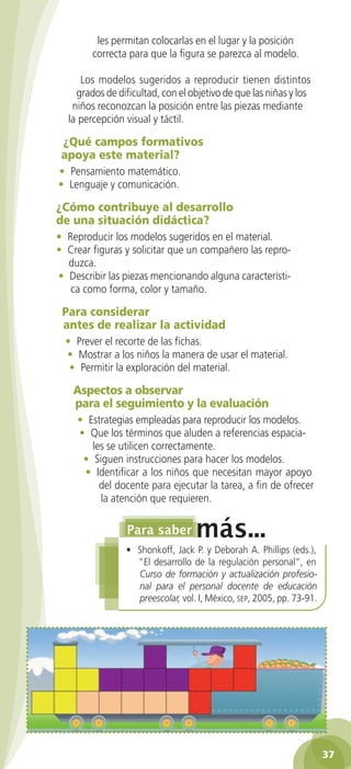 les permitan colocarlas en el lugar y la posición
        correcta para que la figura se parezca al modelo.

     Los modelos sugeridos a reproducir tienen distintos
    grados de dificultad, con el objetivo de que las niñas y los
   niños reconozcan la posición entre las piezas mediante
  la percepción visual y táctil.

 ¿Qué	campos	formativos	
 apoya	este	material?
• Pensamiento matemático.
• Lenguaje y comunicación.

¿Cómo	contribuye	al	desarrollo	
de	una	situación	didáctica?
• Reproducir los modelos sugeridos en el material.
• Crear figuras y solicitar que un compañero las repro-
  duzca.
• Describir las piezas mencionando alguna característi-
   ca como forma, color y tamaño.

 Para	considerar	
 antes	de	realizar	la	actividad
  • Prever el recorte de las fichas.
  • Mostrar a los niños la manera de usar el material.
   • Permitir la exploración del material.

    Aspectos	a	observar	
    para	el	seguimiento	y	la	evaluación
    • Estrategias empleadas para reproducir los modelos.
    • Que los términos que aluden a referencias espacia-
       les se utilicen correctamente.
     • Siguen instrucciones para hacer los modelos.
     • Identificar a los niños que necesitan mayor apoyo
         del docente para ejecutar la tarea, a fin de ofrecer
         la atención que requieren.



                • Shonkoff, Jack P. y Deborah A. Phillips (eds.),
                  “El desarrollo de la regulación personal”, en
                  Curso de formación y actualización profesio-
                  nal para el personal docente de educación
                  preescolar, vol. I, México, seP, 2005, pp. 73-91.




                                                                      37
 