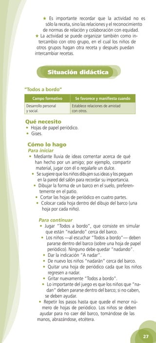 ★ Es importante recordar que la actividad no es
sólo la receta, sino las relaciones y el reconocimiento
de normas de relación y colaboración con equidad.
★ La actividad se puede organizar también como intercambio con otro grupo, en el cual los niños de
otros grupos hagan otra receta y después puedan
intercambiar recetas.

Situación didáctica
“Todos a bordo”
Campo formativo
Desarrollo personal
y social.

Se favorece y manifiesta cuando
Establece relaciones de amistad
con otros.

Qué necesito

• Hojas de papel periódico.
• Gises.

Cómo lo hago

Para iniciar
• Mediante lluvia de ideas comentar acerca de qué
han hecho por un amigo; por ejemplo, compartir
material, jugar con él o regalarle un dulce.
• Se sugiere que los niños dibujen sus ideas y los peguen
en la pared del salón para recordar su importancia.
• Dibujar la forma de un barco en el suelo, preferentemente en el patio.
• Cortar las hojas de periódico en cuatro partes.
• Colocar cada hoja dentro del dibujo del barco (una
hoja por cada niño).
Para continuar
• Jugar “Todos a bordo”, que consiste en simular
que están “nadando” cerca del barco.
• Los niños —al escuchar “Todos a bordo”— deben
pararse dentro del barco (sobre una hoja de papel
periódico). Ninguno debe quedar “nadando”.
• Dar la indicación “A nadar”.
• De nuevo los niños “nadarán” cerca del barco.
• Quitar una hoja de periódico cada que los niños
regresen a nadar.
• Gritar nuevamente “Todos a bordo”.
• Lo importante del juego es que los niños que “nadan” deben pararse dentro del barco; si no caben,
se deben ayudar.
• Repetir los pasos hasta que quede el menor número de hojas de periódico. Los niños se deben
ayudar para no caer del barco, tomándose de las
manos, abrazándose, etcétera.
27

2AB-PREES-GUIA-EDUC-1-P-001-072.27 27

25/3/11 13:10:28

 