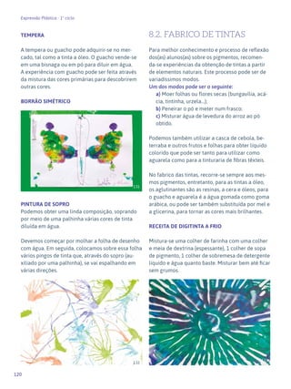 120
Expressão Plástica - 1º ciclo
TEMPERA
A tempera ou guacho pode adquirir-se no mer-
cado, tal como a tinta a óleo. O guacho vende-se
em uma bisnaga ou em pó para diluir em água.
A experiência com guacho pode ser feita através
da mistura das cores primárias para descobrirem
outras cores.
BORRÃO SIMÉTRICO
PINTURA DE SOPRO
Podemos obter uma linda composição, soprando
por meio de uma palhinha várias cores de tinta
diluída em água.
Devemos começar por molhar a folha de desenho
com água. Em seguida, colocamos sobre essa folha
vários pingos de tinta que, através do sopro (au-
xiliado por uma palhinha), se vai espalhando em
várias direções.
8.2. FABRICO DE TINTAS
Para melhor conhecimento e processo de reflexão
dos(as) alunos(as) sobre os pigmentos, recomen-
da-se experiências da obtenção de tintas a partir
de elementos naturais. Este processo pode ser de
variadíssimos modos.
Um dos modos pode ser o seguinte:
a) Moer folhas ou flores secas (bungavília, acá-
cia, tintinha, urzela…);
b) Peneirar o pó e meter num frasco;
c) Misturar água de levedura do arroz ao pó
obtido.
Podemos também utilizar a casca de cebola, be-
terraba e outros frutos e folhas para obter líquido
colorido que pode ser tanto para utilizar como
aguarela como para a tinturaria de fibras têxteis.
No fabrico das tintas, recorre-se sempre aos mes-
mos pigmentos, entretanto, para as tintas a óleo,
os aglutinantes são as resinas, a cera e óleos, para
o guacho e aguarela é a água gomada como goma
arábica, ou pode ser também substituída por mel e
a glicerina, para tornar as cores mais brilhantes.
RECEITA DE DIGITINTA A FRIO
Mistura-se uma colher de farinha com uma colher
e meia de dextrina (espessante), 1 colher de sopa
de pigmento, 1 colher de sobremesa de detergente
líquido e água quanto baste. Misturar bem até ficar
sem grumos.
131
132
133
 