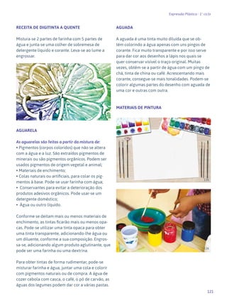 121
Expressão Plástica - 1º ciclo
RECEITA DE DIGITINTA A QUENTE
Mistura-se 2 partes de farinha com 5 partes de
água e junta-se uma colher de sobremesa de
detergente líquido e corante. Leva-se ao lume a
engrossar.
AGUARELA
As aguarelas são feitas a partir da mistura de:
• Pigmentos (corpos coloridos) que não se altera
com a água e a luz. São extraídos pigmentos de
minerais ou são pigmentos orgânicos. Podem ser
usados pigmentos de origem vegetal e animal;
• Materiais de enchimento;
• Colas naturais ou artificiais, para colar os pig-
mentos à base. Pode-se usar farinha com água;
• Conservantes para evitar a deterioração dos
produtos adesivos orgânicos. Pode usar-se um
detergente doméstico;
• Água ou outro líquido.
Conforme se deitam mais ou menos materiais de
enchimento, as tintas ficarão mais ou menos opa-
cas. Pode-se utilizar uma tinta opaca para obter
uma tinta transparente, adicionando-lhe água ou
um diluente, conforme a sua composição. Engros-
sa-se, adicionando algum produto aglutinante, que
pode ser uma farinha ou uma dextrina.
Para obter tintas de forma rudimentar, pode-se
misturar farinha e água, juntar uma cola e colorir
com pigmentos naturais ou de compra. A água de
cozer cebola com casca, o café, o pó de carvão, as
águas dos legumes podem dar cor a várias pastas.
AGUADA
A aguada é uma tinta muito diluída que se ob-
tém colorindo a água apenas com uns pingos de
corante. Fica muito transparente e por isso serve
para dar cor aos desenhos a lápis nos quais se
quer conservar visível o traço original. Muitas
vezes, obtém-se a partir de água com um pingo de
chá, tinta de china ou café. Acrescentando mais
corante, consegue-se mais tonalidades. Podem-se
colorir algumas partes do desenho com aguada de
uma cor e outras com outra.
MATERIAIS DE PINTURA
135
136
134
 