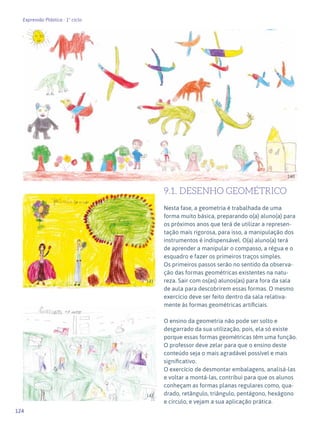 124
Expressão Plástica - 1º ciclo
9.1. DESENHO GEOMÉTRICO
Nesta fase, a geometria é trabalhada de uma
forma muito básica, preparando o(a) aluno(a) para
os próximos anos que terá de utilizar a represen-
tação mais rigorosa, para isso, a manipulação dos
instrumentos é indispensável. O(a) aluno(a) terá
de aprender a manipular o compasso, a régua e o
esquadro e fazer os primeiros traços simples.
Os primeiros passos serão no sentido da observa-
ção das formas geométricas existentes na natu-
reza. Sair com os(as) alunos(as) para fora da sala
de aula para descobrirem essas formas. O mesmo
exercício deve ser feito dentro da sala relativa-
mente às formas geométricas artificiais.
O ensino da geometria não pode ser solto e
desgarrado da sua utilização, pois, ela só existe
porque essas formas geométricas têm uma função.
O professor deve zelar para que o ensino deste
conteúdo seja o mais agradável possível e mais
significativo.
O exercício de desmontar embalagens, analisá-las
e voltar a montá-las, contribui para que os alunos
conheçam as formas planas regulares como, qua-
drado, retângulo, triângulo, pentágono, hexágono
e círculo, e vejam a sua aplicação prática.
140
141
142
 