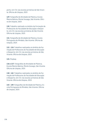 136
porto, Uni-CV, nas escolas primárias de São Vicen-
te. Oficina de Utopias, 2019.
129. Fotografia de Atividade de Plástica, Escola
Mestre Batista, Monte Sossego, São Vicente. Ofici-
na de Utopias, 2019.
130. Trabalho realizado no âmbito da Formação de
Professores do Faculdade de Educação e Despor-
to, Uni-CV, nas escolas primárias de São Vicente.
Oficina de Utopias, 2019.
131. Fotografia de Atividade de Plástica, Escola
Portuguesa do Mindelo, São Vicente. Oficina de
Utopias, 2019.
132 - 134. Trabalhos realizados no âmbito da For-
mação de Professores do Faculdade de Educação
e Desporto, Uni-CV, nas escolas primárias de São
Vicente. Oficina de Utopias, 2019.
135. Pixabay.
136 e 137. Fotografias de Atividade de Plástica,
Escola Mestre Batista, Monte Sossego, São Vicente.
Oficina de Utopias, 2019.
138 - 142. Trabalhos realizados no âmbito da For-
mação de Professores do Faculdade de Educação
e Desporto, Uni-CV, nas escolas primárias de São
Vicente. Oficina de Utopias, 2019.
143 - 149. Fotografias de Atividade de Plástica, Es-
cola Portuguesa do Mindelo, São Vicente. Oficina
de Utopias, 2019.
 