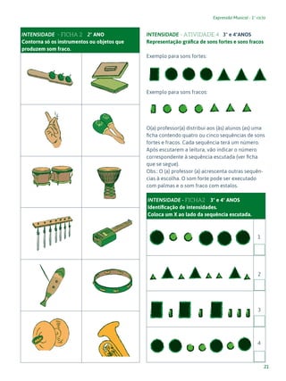 21
Expressão Musical - 1º ciclo
1
2
3
4
INTENSIDADE - FICHA 2 2º ANO
Contorna só os instrumentos ou objetos que
produzem som fraco.
INTENSIDADE - ATIVIDADE 4 3º e 4ºANOS
Representação gráfica de sons fortes e sons fracos
Exemplo para sons fortes:
Exemplo para sons fracos:
O(a) professor(a) distribui aos (às) alunos (as) uma
ficha contendo quatro ou cinco sequências de sons
fortes e fracos. Cada sequência terá um número.
Após escutarem a leitura, vão indicar o número
correspondente à sequência escutada (ver ficha
que se segue).
Obs.: O (a) professor (a) acrescenta outras sequên-
cias à escolha. O som forte pode ser executado
com palmas e o som fraco com estalos.
INTENSIDADE - FICHA2 3º e 4º ANOS
Identificação de intensidades.
Coloca um X ao lado da sequência escutada.
 