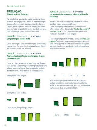 Expressão Musical - 1º ciclo
22
DURAÇÃO
Diferenciação de Durações
Para trabalhar a duração, o(a) professor(a) deve
orientar a criança para a emissão de sons longos
e curtos, fazendo com que sejam contrastantes.
Depois, deve sugerir a emissão de sequências de
sons curtos e longos (alternados ou não), que será
uma preparação para a leitura de ritmos.
DURAÇÃO - ATIVIDADE 1 2º e 3ºANOS
Canção longa e canção curta
Levar a criança a cantar uma canção, primeiro au-
mentando a duração do som das palavras, depois
encurtando o som das mesmas.
DURAÇÃO - ATIVIDADE 2 1º e 2º ANOS
Representação gráfica de sons longos e de sons
curtos escutados
Levar as crianças a escutar sons longos e depois
sons curtos. Esses sons podem ser produzidos com
a boca ou com a flauta. As crianças vão verbali-
zando os sons à medida que os vão escutando.
Exemplo de sons longos:
Exemplo de sons curtos:
Curto, curto, longo, longo, longo:
DURAÇÃO - ATIVIDADE 3 3º e 4º ANOS
Ler sequência de sons curtos e longos utilizando
vocábulos
A leitura dos sons curtos deve ser feita de forma
rápida e o som longo, mais lenta.
Como sugestão para essa leitura tomar como
referência o refrão da canção “Ainda não comprei”
– Titi Ta, Ta, Ta. O Titi corresponde aos dois sons
curtos e o Ta aos três sons longos.
Tendo as crianças trabalhado a canção “Ainda não
comprei” nos anos anteriores, continuar a aprovei-
tar o refrão para trabalhar as diferentes durações,
que culminarão em sequência rítmica, trabalhada
no conteúdo Ritmo.
Ti Ti Ta Ta Ta
Após as crianças terem dominado as duas du-
rações, acrescenta-se uma duração mais longa.
Assim ficamos com uma duração curta, uma média
e uma longa cuja leitura será Taam.
Curto Médio Longo
 