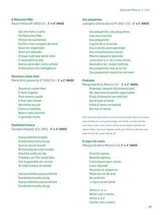 29
Expressão Musical - 1º ciclo
A Natureza-Mãe
Paula Freitas (IP 2002) CV - 3º e 4º ANOS
Soa em mim o canto
Da Natureza-Mãe
Pensar na sua beleza
Enche o meu coração de amor
Deve ser respeitada
Deve ser adorada
Porque tudo que existe nela
É necessário à vida
Vamos aprender como utilizar
A Natureza com inteligência
Devemos comer bem
Marly Brito (aluna do IP 2000 CV) - 1º e 2º ANOS
Devemos comer bem
E fazer higiene
Para termos saúde
E ficar bem fortes
Na minha escola
Como a canjinha
Bebo o meu leitinho
E aprendo muito
Pumbinha branca
Osvaldo Delgado (CV, 1995) - 3º e 4º ANOS
Vuá pumbinha branka
Pumbinha branka di paj
Vuá na seu di mundo
Bô levá paj pa tudo mundo
Kónd bô voltá um dia
Trazême um flor na bô biko
Um ta guardób um surrizo
Di tudo kriansa di mundo
Vuá pumbinha vuá pumbinha
Pumbinha branka di paj
Vuá pumbinha vuá pumbinha
Pumbinha branka di paj
Sou pequenino
Lisangela Vitória (aluna IP 2002- CV) - 1º e 2º ANOS
Sou pequenino, sou pequenino
mas vou à escola
Sou pequenino
E gosto de ir à escola
Vou à escola para aprender
Vou à escola para crescer
Mesmo pequeno aprendo
a escrever e a ler o meu nome,
Aprendo a ler, lindas histórias
Sou pequenino mas já sei ler
Sou pequenino mas já sei escrever
Pexkador
Margarida Brito Martins CV - 1º e 2º ANOS
Pexkador lavantá d`plumanhá sed
Na `xperansa di panhá algum pêxe
D`pôj d`konsertá um rêd fród
Na sê bote el leval
Kónd el remá um bokód
Na mar el lansal
Obs. Para esta faixa etária, a estrutura das canções deve ser simples:
uma estrofe, se os versos são longos, um refrão, ou duas estrofes,
se os versos são curtos, mais o refrão, que se repete. Exemplo de
alguns temas: natureza, higiene, saúde, paz, direitos e deveres, ami-
zade, formas de cumprimentar, etc.
O sopro do vento
(Margarida Brito Martins CV) 3º e 4º ANOS
O vento soprou
Baixinho gemeu
Como quem quer contar
o seu segredo
Na praia os coqueiros
Mexeram-se de leve
Ao sentirem
o sopro acariciante
Vento ú- ú- ú
Bailar com o vento
Vento ú-ú-ú
Cantar com o vento
 