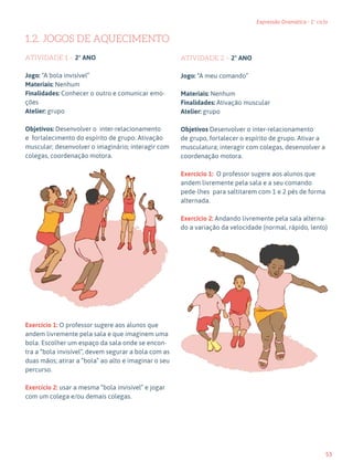 53
Expressão Dramática - 1º ciclo
1.2. JOGOS DE AQUECIMENTO
ATIVIDADE 1 – 2º ANO
Jogo: “A bola invisível”
Materiais: Nenhum
Finalidades: Conhecer o outro e comunicar emo-
ções
Atelier: grupo
Objetivos: Desenvolver o inter-relacionamento
e fortalecimento do espírito de grupo. Ativação
muscular; desenvolver o imaginário; interagir com
colegas, coordenação motora.
Exercício 1: O professor sugere aos alunos que
andem livremente pela sala e que imaginem uma
bola. Escolher um espaço da sala onde se encon-
tra a “bola invisível”, devem segurar a bola com as
duas mãos; atirar a “bola” ao alto e imaginar o seu
percurso.
Exercício 2: usar a mesma “bola invisível” e jogar
com um colega e/ou demais colegas.
ATIVIDADE 2 – 2º ANO
Jogo: “A meu comando”
Materiais: Nenhum
Finalidades: Ativação muscular
Atelier: grupo
Objetivos Desenvolver o inter-relacionamento
de grupo, fortalecer o espírito de grupo. Ativar a
musculatura; interagir com colegas, desenvolver a
coordenação motora.
Exercício 1: O professor sugere aos alunos que
andem livremente pela sala e a seu comando
pede-lhes para saltitarem com 1 e 2 pés de forma
alternada.
Exercício 2: Andando livremente pela sala alterna-
do a variação da velocidade (normal, rápido, lento)
 