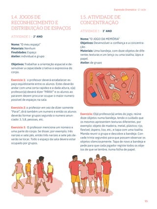 55
Expressão Dramática - 1º ciclo
1.4. JOGOS DE
RECONHECIMENTO E
DISTRIBUIÇÃO DE ESPAÇOS
ATIVIDADE 1 – 2º ANO
Nome: “O meu espaço”
Materiais: Nenhum
Finalidades: Espaço
Atelier: individual e grupo
Objetivos: Trabalhar a orientação espacial e de-
senvolver a capacidade criativa e expressiva do
corpo.
Exercício 1: o professor deverá estabelecer es-
paço equidistante entre os alunos. Estes deverão
andar com uma certa rapidez e a dada altura, o(a)
professor(a) deverá dizer “PÁRA!” e os alunos ao
pararem devem procurar ocupar o maior numero
possível de espaços na sala.
Exercício 2: o professor em vez de dizer somente
“Para!”, dirá também um numero e então os alunos
deverão formar grupos segundo o numero anun-
ciado: 3, 5,8, pessoas, etc.
Exercício 3: O professor menciona um número e
uma parte do corpo. Se disser, por exemplo, três
narizes e sete pés, então três narizes e sete pés de-
verão se tocar. Todo o espaço da sala devera estar
ocupado por grupos.
1.5. ATIVIDADE DE
CONCENTRAÇÃO
ATIVIDADE 1 – 3º ANO
Nome: “O JOGO DA MEMÓRIA”
Objetivos: Desenvolver a confiança e a concentra-
ção.
Materiais: Uma bandeja, com doze objetos de dife-
rentes texturas e um lenço ou uma toalha, lápis e
papel.
Atelier: de grupo
Exercício: O(a) professor(a) antes do jogo, reúne
doze objetos numa bandeja, tendo o cuidado que
os mesmos apresentem texturas diferentes, por
exemplo: objeto de madeira, metal, plástico; rijo,
flexível; áspero, liso, etc.; e tapa com uma toalha.
Manda reunir o grupo e descobre a bandeja. Con-
cede trinta segundos para que possam observar os
objetos silenciosamente. Tapa de novo a bandeja e
pede para que cada jogador registe todos os obje-
tos de que se lembre, numa folha de papel.
 
