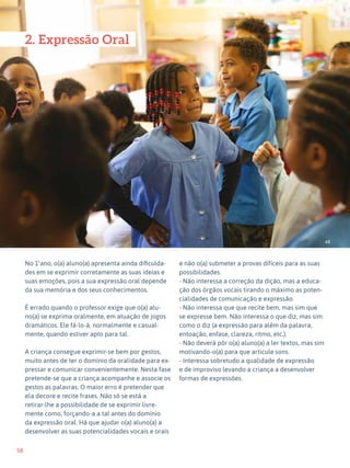 58
Expressão Dramática - 1º ciclo
48
2. Expressão Oral
No 1ºano, o(a) aluno(a) apresenta ainda dificulda-
des em se exprimir corretamente as suas ideias e
suas emoções, pois a sua expressão oral depende
da sua memória e dos seus conhecimentos.
É errado quando o professor exige que o(a) alu-
no(a) se exprima oralmente, em atuação de jogos
dramáticos. Ele fá-lo-à, normalmente e casual-
mente, quando estiver apto para tal.
A criança consegue exprimir-se bem por gestos,
muito antes de ter o domínio da oralidade para ex-
pressar e comunicar convenientemente. Nesta fase
pretende-se que a criança acompanhe e associe os
gestos as palavras. O maior erro é pretender que
ela decore e recite frases. Não só se está a
retirar-lhe a possibilidade de se exprimir livre-
mente como, forçando-a a tal antes do domínio
da expressão oral. Há que ajudar o(a) aluno(a) a
desenvolver as suas potencialidades vocais e orais
e não o(a) submeter a provas difíceis para as suas
possibilidades.
- Não interessa a correção da dição, mas a educa-
ção dos órgãos vocais tirando o máximo as poten-
cialidades de comunicação e expressão.
- Não interessa que que recite bem, mas sim que
se expresse bem. Não interessa o que diz, mas sim
como o diz (a expressão para além da palavra,
entoação, enfase, clareza, ritmo, etc.).
- Não deverá pôr o(a) aluno(a) a ler textos, mas sim
motivando-o(a) para que articule sons.
- Interessa sobretudo a qualidade de expressão
e de improviso levando a criança a desenvolver
formas de expressões.
 