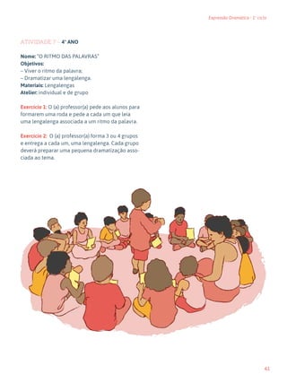 61
Expressão Dramática - 1º ciclo
ATIVIDADE 7 – 4º ANO
Nome: “O RITMO DAS PALAVRAS”
Objetivos:
– Viver o ritmo da palavra;
– Dramatizar uma lengalenga.
Materiais: Lengalengas
Atelier: individual e de grupo
Exercício 1: O (a) professor(a) pede aos alunos para
formarem uma roda e pede a cada um que leia
uma lengalenga associada a um ritmo da palavra.
Exercício 2: O (a) professor(a) forma 3 ou 4 grupos
e entrega a cada um, uma lengalenga. Cada grupo
deverá preparar uma pequena dramatização asso-
ciada ao tema.
 