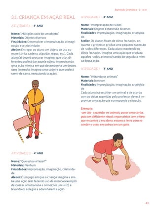63
Expressão Dramática - 1º ciclo
3.1. CRIANÇA EM AÇÃO REAL
ATIVIDADE 1 – 4º ANO
Nome: “Múltiplos usos de um objeto”
Materiais: Objetos diversos
Finalidades: Desenvolver a improvisação, a imagi-
nação e a criatividade
Atelier: Entregar ao aluno um objeto de uso co-
mum (corda, cadeira, alguidar, régua, etc.). Cada
aluno(a) deverá procurar imaginar que usos di-
ferentes poderá dar aquele objeto improvisando
uma ação mimica em que desempenha um desses
usos (exemplo: imagina uma cadeira que poderá
servir de carro, executando a ação).
ATIVIDADE 2 – 4º ANO
Nome: “Que estou a fazer?”
Materiais: Nenhum
Finalidades: Improvisação, imaginação, criativida-
de
Atelier: É um jogo em que a criança imagina e imi-
ta uma ação real fazendo uso da mímica (exemplo:
descascar uma banana e comer; ler um livro) e
levando os colegas a adivinharem a ação.
ATIVIDADE 3 – 4º ANO
Nome: “Interpretação de ruídos”
Materiais: Objetos e materiais diversos
Finalidades: Improvisação, imaginação, criativida-
de.
Atelier: Os alunos ficam de olhos fechados, en-
quanto o professor produz uma pequena sucessão
de ruídos diferentes. Cada aluno mantendo os
olhos fechados, imagina uma ação que produza
aqueles ruídos, e improvisando de seguida a mimi-
ca dessa ação.
ATIVIDADE 4 – 4º ANO
Nome: “Imitando os animais”
Materiais: Nenhum
Finalidades: Improvisação, imaginação, criativida-
de
Cada aluno irá escolher um animal e de acordo
com as pistas sugeridas pelo professor deverá im-
provisar uma ação que corresponde a situação.
Exemplo:
-um cão- a guardar os animais; puxar uma corda;
guia um deficiente visual; segue pistas com o faro;
que encontra o seu dono; escava a terra para es-
conder o osso; encontra com um gato.
 
