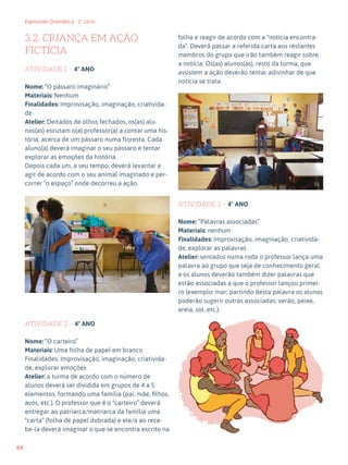 64
Expressão Dramática - 1º ciclo
3.2. CRIANÇA EM AÇÃO
FICTÍCIA
ATIVIDADE 1 – 4º ANO
Nome: “O pássaro imaginário”
Materiais: Nenhum
Finalidades: Improvisação, imaginação, criativida-
de
Atelier: Deitados de olhos fechados, os(as) alu-
nos(as) escutam o(a) professor(a) a contar uma his-
tória, acerca de um pássaro numa floresta. Cada
aluno(a) deverá imaginar o seu pássaro e tentar
explorar as emoções da história.
Depois cada um, a seu tempo, deverá levantar e
agir de acordo com o seu animal imaginado e per-
correr “o espaço” onde decorreu a ação.
ATIVIDADE 2 – 4º ANO
Nome: “O carteiro”
Materiais: Uma folha de papel em branco
Finalidades: Improvisação, imaginação, criativida-
de, explorar emoções
Atelier: a turma de acordo com o número de
alunos deverá ser dividida em grupos de 4 a 5
elementos, formando uma família (pai, mãe, filhos,
avós, etc.). O professor que é o “carteiro” deverá
entregar ao patriarca/matriarca da família uma
“carta” (folha de papel dobrada) e ele/a ao rece-
be-la deverá imaginar o que se encontra escrito na
folha e reagir de acordo com a “notícia encontra-
da”. Deverá passar a referida carta aos restantes
membros do grupo que irão também reagir sobre
a notícia. Os(as) alunos(as), resto da turma, que
assistem a ação deverão tentar adivinhar de que
notícia se trata.
ATIVIDADE 3 – 4º ANO
Nome: “Palavras associadas”
Materiais: nenhum
Finalidades: Improvisação, imaginação, criativida-
de, explorar as palavras
Atelier: sentados numa roda o professor lança uma
palavra ao grupo que seja de conhecimento geral
e os alunos deverão também dizer palavras que
estão associadas a que o professor lançou primei-
ro (exemplo: mar; partindo desta palavra os alunos
poderão sugerir outras associadas: verão, peixe,
areia, sol, etc.).
50
51
 
