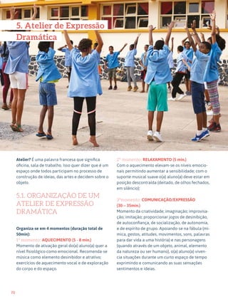 70
Expressão Dramática - 1º ciclo
Atelier? É uma palavra francesa que significa
oficina, sala de trabalho. Isso quer dizer que é um
espaço onde todos participam no processo de
construção de ideias, das artes e decidem sobre o
objeto.
5.1. ORGANIZAÇÃO DE UM
ATELIER DE EXPRESSÃO
DRAMÁTICA
Organiza-se em 4 momentos (duração total de
50min):
1º momento: AQUECIMENTO (5 - 8 min.)
Momento de ativação geral do(a) aluno(a) quer a
nível fisiológico como emocional. Recomenda-se
música como elemento desinibidor e atrativo;
exercícios de aquecimento vocal e de exploração
do corpo e do espaço.
2º momento: RELAXAMENTO (5 min.)
Com o aquecimento elevam-se os níveis emocio-
nais permitindo aumentar a sensibilidade; com o
suporte musical suave o(a) aluno(a) deve estar em
posição descontraída (deitado, de olhos fechados,
em silêncio);
3ºmomento: COMUNICAÇÃO/EXPRESSÃO
(30 – 35min.)
Momento da criatividade; imaginação; improvisa-
ção; imitação; proporcionar jogos de desinibição,
de autoconfiança, de socialização, de autonomia,
e de espírito de grupo. Apoiando-se na fábula (mi-
mica, gestos, atitudes, movimentos, sons, palavras
para dar vida a uma história) e nas personagens
(quando através de um objeto, animal, elemento
da natureza ou ser humano), o(a) aluno(a) viven-
cia situações durante um curto espaço de tempo
exprimindo e comunicando as suas sensações
sentimentos e ideias.
60
5. Atelier de Expressão
Dramática
 