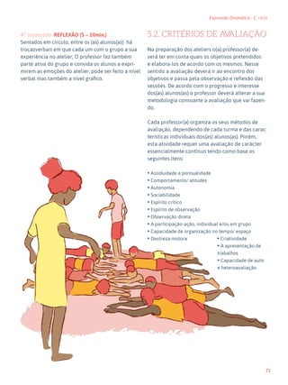 71
Expressão Dramática - 1º ciclo
4º momento: REFLEXÃO (5 – 10min.)
Sentados em círculo, entre os (as) alunos(as) há
trocasverbais em que cada um com o grupo a sua
experiência no atelier; O professor faz também
parte ativa do grupo e convida os alunos a expri-
mirem as emoções do atelier; pode ser feito a nível
verbal mas também a nível gráfico.
5.2. CRITÉRIOS DE AV
ALIAÇÃO
Na preparação dos ateliers o(a) professor(a) de-
verá ter em conta quais os objetivos pretendidos
e elabora-los de acordo com os mesmos. Nesse
sentido a avaliação deverá ir ao encontro dos
objetivos e passa pela observação e reflexão das
sessões. De acordo com o progresso e interesse
dos(as) alunos(as) o professor deverá alterar a sua
metodologia consoante a avaliação que vai fazen-
do.
Cada professor(a) organiza os seus métodos de
avaliação, dependendo de cada turma e das carac-
terísticas individuais dos(as) alunos(as). Porém,
esta atividade requer uma avaliação de carácter
essencialmente contínuo tendo como base os
seguintes itens:
• Assiduidade e pontualidade
• Comportamento/ atitudes
• Autonomia
• Sociabilidade
• Espírito crítico
• Espírito de observação
• Observação direta
• A participação-ação, individual e/ou em grupo
• Capacidade de organização no tempo/ espaço
• Destreza motora 		 • Criatividade
• A apresentação de
trabalhos
• Capacidade de auto
e heteroavaliação.
 