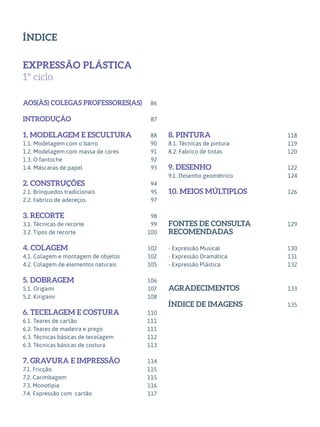 ÍNDICE
EXPRESSÃO PLÁSTICA
1º ciclo
AOS(ÀS) COLEGAS PROFESSORES(AS)
INTRODUÇÃO
1. MODELAGEM E ESCULTURA
1.1. Modelagem com o barro
1.2. Modelagem com massa de cores
1.3. O fantoche
1.4. Máscaras de papel
2. CONSTRUÇÕES
2.1. Brinquedos tradicionais
2.2. Fabrico de adereços
3. RECORTE
3.1. Técnicas de recorte
3.2. Tipos de recorte
4. COLAGEM
4.1. Colagem e montagem de objetos
4.2. Colagem de elementos naturais
5. DOBRAGEM
5.1. Origami
5.2. Kirigami
6. TECELAGEM E COSTURA
6.1. Teares de cartão
6.2. Teares de madeira e prego
6.3. Técnicas básicas de tecelagem
6.3. Técnicas básicas de costura
7. GRAVURA E IMPRESSÃO
7.1. Fricção
7.2. Carimbagem
7.3. Monotipia
7.4. Expressão com cartão
8. PINTURA
8.1. Técnicas de pintura
8.2. Fabrico de tintas
9. DESENHO
9.1. Desenho geométrico
10. MEIOS MÚLTIPLOS
FONTES DE CONSULTA
RECOMENDADAS
- Expressão Musical
- Expressão Dramática
- Expressão Plástica
AGRADECIMENTOS
ÍNDICE DE IMAGENS
86
87
88
90
91
92
93
94
95
97
98
99
100
102
102
105
106
107
108
110
111
111
112
113
114
115
115
116
117
118
119
120
122
124
126
129
130
131
132
133
135
 