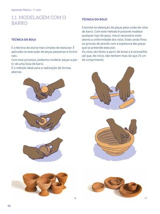 90
Expressão Plástica - 1º ciclo
1.1. MODELAGEM COM O
BARRO
TÉCNICA DA BOLA
É a técnica da olaria mais simples de executar. É
aplicada na execução de peças pequenas e funcio-
nais.
Com este processo, podemos modelar peças a par-
tir de uma bola de barro.
É o método ideal para a realização de formas
abertas.
TÉCNICA DO ROLO
Consiste na obtenção de peças pela união de rolos
de barro. Com este método é possível modelar
qualquer tipo de peça, mas é necessário estar
atento a uniformidade dos rolos. Estes serão finos
ou grossos de acordo com a espessura das peças
que se pretende executar.
Os rolos são feitos a partir de bolas e é aconselhá-
vel que, de início, não tenham mais do que 25 cm
de comprimento.
76 77
 