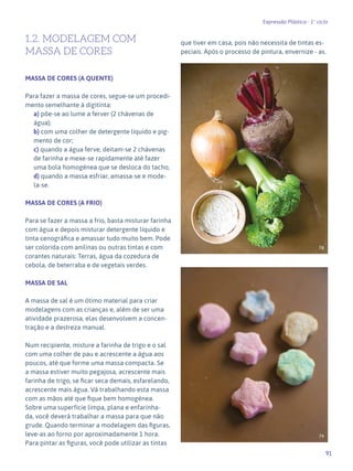 91
Expressão Plástica - 1º ciclo
1.2. MODELAGEM COM
MASSA DE CORES
MASSA DE CORES (A QUENTE)
Para fazer a massa de cores, segue-se um procedi-
mento semelhante à digitinta:
a) põe-se ao lume a ferver (2 chávenas de
água);
b) com uma colher de detergente líquido e pig-
mento de cor;
c) quando a água ferve, deitam-se 2 chávenas
de farinha e mexe-se rapidamente até fazer
uma bola homogénea que se desloca do tacho,
d) quando a massa esfriar, amassa-se e mode-
la-se.
MASSA DE CORES (A FRIO)
Para se fazer a massa a frio, basta misturar farinha
com água e depois misturar detergente líquido e
tinta cenográfica e amassar tudo muito bem. Pode
ser colorida com anilinas ou outras tintas e com
corantes naturais: Terras, água da cozedura de
cebola, de beterraba e de vegetais verdes.
MASSA DE SAL
A massa de sal é um ótimo material para criar
modelagens com as crianças e, além de ser uma
atividade prazerosa, elas desenvolvem a concen-
tração e a destreza manual.
Num recipiente, misture a farinha de trigo e o sal
com uma colher de pau e acrescente a água aos
poucos, até que forme uma massa compacta. Se
a massa estiver muito pegajosa, acrescente mais
farinha de trigo, se ficar seca demais, esfarelando,
acrescente mais água. Vá trabalhando esta massa
com as mãos até que fique bem homogénea.
Sobre uma superfície limpa, plana e enfarinha-
da, você deverá trabalhar a massa para que não
grude. Quando terminar a modelagem das figuras,
leve-as ao forno por aproximadamente 1 hora.
Para pintar as figuras, você pode utilizar as tintas
que tiver em casa, pois não necessita de tintas es-
peciais. Após o processo de pintura, envernize - as.
78
79
 