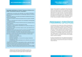 Guía de IntervencIón dIrIGIda al alumnado con autIsmo                              BloQue II: concePto Y característIcas
                                                                                                   de los alumnos con autIsmo




                                                                                    Desde nuestra experiencia, ratificamos todas estas nece-
                                                                                    sidades y exponemos la importancia que tiene disponer
necesidades identificadas en el estudio “personas con síndrome de as-
                                                                                    de un marco legal explícito y que contemple los apoyos
perger: Funcionamiento, detección y necesidades” 6
                                                                                    específicos para los alumnos con Trastorno del Espectro
                                                                                    del Autismo a lo largo de todos los posibles itinerarios
• Adaptaciones curriculares para responder a las posibles dificultades y
                                                                                    educativos (incluyendo apoyos en todos los Programas
estilos peculiares de aprendizaje (en la metodología, objetivos, formas de
                                                                                    de Cualificación Profesional Inicial, modalidades de FP,
evaluación…).
                                                                                    Bachillerato y Universidad, además de fomentar apoyos
• Desarrollar objetivos curriculares que persigan el establecimiento de re-
                                                                                    lo más inclusivos posibles en infantil, primaria y ESO).
laciones interpersonales.
• Promover los apoyos naturales que proporcionan los propios compañe-
ros/as.
• Adecuar la intensidad de los apoyos a las necesidades individualizadas


                                                                                    ProGramas esPecíFIcos
y a la etapa educativa.
• Ampliar las funciones del apoyo educativo para que no abarquen sólo el
apoyo académico.
• Intensificar la acción tutorial, especialmente en ESO.
                                                                                    La introducción del concepto de continuo propuesta por
• Orientación y asesoramiento a las familias en los cambios de etapa y en
                                                                                    Wing en los 80 generó un cambio en el trabajo y abrió la
los cambios de centro.
                                                                                    puerta a que los profesionales del “autismo” aprendan, no
• Información y ayuda a las familias, desde el centro, para abordar las di-
                                                                                    desde las hipótesis sino desde la observación, el análisis
ficultades del hijo/a.
                                                                                    funcional y el propio testimonio de las personas de todo
• Elaboración de un censo de los alumnos con TEA en las distintas etapas
                                                                                    el “espectro”. La conciencia de que una mayor compren-
educativas que facilite la planificación y provisión de servicios.
                                                                                    sión del Trastorno conlleva a una práctica más específica
• Acciones orientadas a una política más clara sobre la educación de las
                                                                                    y ajustada a las necesidades reales de las personas con
personas con autismo por parte de la Administración Educativa. Esto su-
                                                                                    TEA, subyace bajo la “cultura del autismo”, que busca de-
pone tomar posición de forma explícita (normativa), al menos sobre:
                                                                                    sarrollar a todas las personas en función de sus propias
       • Atención a la diversidad.
                                                                                    metas, ilusiones e intereses.
       • Formación de los profesionales.
       • Políticas de inclusión.
                                                                                    El mayor conocimiento de los TEA además ha facilitado el
       • Provisión, organización y funciones de los apoyos necesarios.
                                                                                    desarrollo de intervenciones y programas más específicos
       • Propuesta curricular.
                                                                                    para el trabajo con las personas con autismo sin discapa-
       • Competencias y responsabilidades de los diferentes servicios de
                                                                                    cidad intelectual.
       la red de orientación.
• Refuerzo de los mecanismos responsables de velar y supervisar que las
condiciones educativas que se proponen para estos alumnos se cumplan
• Poner en marcha un plan de prevención del acoso escolar
• Formalizar y generalizar grupos de planificación para la transición etapas
• Desarrollar en cada universidad planes específicos de acción de acogida



        6
          Belinchón Carmona, Mercedes, Hernández Rodríguez, Juana María y So-
        tillo Méndez, María. (2008). “Personas con Síndrome de Asperger: Funcio-
        namiento, detección y necesidades”. Madrid: Centro de Psicología Aplicada
        de la UAM, Confederación Autismo España, FESPAU y Fundación ONCE.




                                           36                                                                   37
 