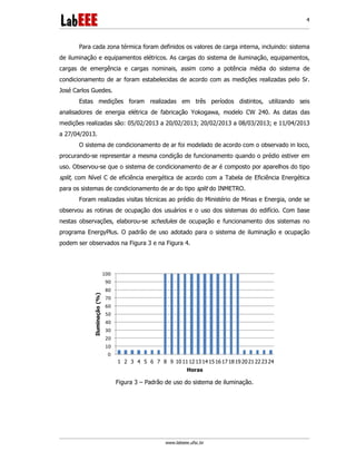 www.labeee.ufsc.br
4
Para cada zona térmica foram definidos os valores de carga interna, incluindo: sistema
de iluminação e equipamentos elétricos. As cargas do sistema de iluminação, equipamentos,
cargas de emergência e cargas nominais, assim como a potência média do sistema de
condicionamento de ar foram estabelecidas de acordo com as medições realizadas pelo Sr.
José Carlos Guedes.
Estas medições foram realizadas em três períodos distintos, utilizando seis
analisadores de energia elétrica de fabricação Yokogawa, modelo CW 240. As datas das
medições realizadas são: 05/02/2013 a 20/02/2013; 20/02/2013 a 08/03/2013; e 11/04/2013
a 27/04/2013.
O sistema de condicionamento de ar foi modelado de acordo com o observado in loco,
procurando-se representar a mesma condição de funcionamento quando o prédio estiver em
uso. Observou-se que o sistema de condicionamento de ar é composto por aparelhos do tipo
split, com Nível C de eficiência energética de acordo com a Tabela de Eficiência Energética
para os sistemas de condicionamento de ar do tipo split do INMETRO.
Foram realizadas visitas técnicas ao prédio do Ministério de Minas e Energia, onde se
observou as rotinas de ocupação dos usuários e o uso dos sistemas do edifício. Com base
nestas observações, elaborou-se schedules de ocupação e funcionamento dos sistemas no
programa EnergyPlus. O padrão de uso adotado para o sistema de iluminação e ocupação
podem ser observados na Figura 3 e na Figura 4.
0
10
20
30
40
50
60
70
80
90
100
1 2 3 4 5 6 7 8 9 10 1112 1314 1516171819 2021 222324
Iluminação(%)
Horas
Figura 3 – Padrão de uso do sistema de iluminação.
 