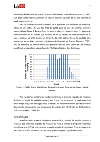 www.labeee.ufsc.br
7
de distribuição dedicado aos aparelhos de ar condicionado, localizado no subsolo do prédio.
Com base nestas medições, também foi possível observar o padrão de uso dos sistemas de
condicionamento de ar.
Para os sistemas de condicionamento de ar presentes nos ambientes de escritórios,
adotou-se um padrão de uso das 8h00 às 22h00 para os dias de semana, conforme
apresentado na Figura 4. Para os finais de semana não foi considerado o uso do sistema de
condicionamento de ar. Nota-se que o padrão de uso do sistema de condicionamento de ar
não é contínuo, variando durante as horas do dia. Este padrão de uso foi adotado para
representar as medições realizadas pelo Centro de Pesquisas de Energia Elétrica – CEPEL.
Para os ambientes do arquivo central, sala plenária e sala do Data Center da sala cofre foi
considerado um padrão de uso contínuo de 24h00 para todos os dias da semana.
0
10
20
30
40
50
60
70
80
90
100
1 2 3 4 5 6 7 8 9 101112131415161718192021222324
Sistemadecondicionamento
dear(%)
Horas
Figura 4 – Padrão de uso dos sistemas de condicionamento de ar nos escritórios – dia de
semana.
Para representar o sistema de condicionamento de ar presente no prédio do Ministério
de Minas e Energia, foi modelado no programa EnergyPlus um sistema de condicionamento
de ar do tipo split, sem renovação de ar. O sistema foi modelado somente para resfriamento
do ambiente, considerando uma temperatura de setpoint de 24o
C. O valor do Coeficiente de
Performance adotado foi de 2,8.
2.2.3 OCUPAÇÃO
Através da visita in loco e das plantas arquitetônicas, também foi possível observar a
ocupação dos ambientes do prédio do Ministério de Minas e Energia. O programa EnergyPlus
permite que seja definida uma carga de ocupação através de m2
/pessoa. Onde, considerou-se
uma densidade de 5 m2
/pessoa para as zonas que contemplam os gabinetes e uma
 