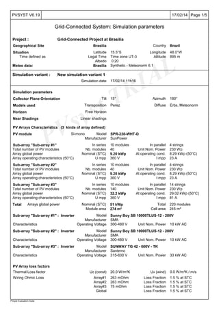 PVsyst TRIAL
Page 1/517/02/14PVSYST V6.19
Grid-Connected System: Simulation parameters
PVsyst Evaluation mode
Project : Grid-Connected Project at Brasilia
Geographical Site Brasilia Country Brazil
Situation Latitude 15.5°S Longitude 48.0°W
Time defined as Legal Time Time zone UT-3 Altitude 895 m
Albedo 0.20
Meteo data: Brasilia Synthetic - Meteonorm 6.1
Simulation variant : New simulation variant 1
Simulation date 17/02/14 11h16
Simulation parameters
Collector Plane Orientation Tilt 15° Azimuth 180°
Models used Transposition Perez Diffuse Erbs, Meteonorm
Horizon Free Horizon
Near Shadings Linear shadings
PV Arrays Characteristics (3 kinds of array defined)
PV module Si-mono Model SPR-230-WHT-D
Manufacturer SunPower
Sub-array "Sub-array #1" In series 10 modules In parallel 4 strings
Total number of PV modules Nb. modules 40 Unit Nom. Power 230 Wp
Array global power Nominal (STC) 9.20 kWp At operating cond. 8.29 kWp (50°C)
Array operating characteristics (50°C) U mpp 360 V I mpp 23 A
Sub-array "Sub-array #2" In series 10 modules In parallel 4 strings
Total number of PV modules Nb. modules 40 Unit Nom. Power 230 Wp
Array global power Nominal (STC) 9.20 kWp At operating cond. 8.29 kWp (50°C)
Array operating characteristics (50°C) U mpp 360 V I mpp 23 A
Sub-array "Sub-array #3" In series 10 modules In parallel 14 strings
Total number of PV modules Nb. modules 140 Unit Nom. Power 230 Wp
Array global power Nominal (STC) 32.2 kWp At operating cond. 29.02 kWp (50°C)
Array operating characteristics (50°C) U mpp 360 V I mpp 81 A
Total Arrays global power Nominal (STC) 51 kWp Total 220 modules
Module area 274 m² Cell area 245 m²
Sub-array "Sub-array #1" : Inverter Model Sunny Boy SB 10000TLUS-12 - 208V
Manufacturer SMA
Characteristics Operating Voltage 300-480 V Unit Nom. Power 10 kW AC
Sub-array "Sub-array #2" : Inverter Model Sunny Boy SB 10000TLUS-12 - 208V
Manufacturer SMA
Characteristics Operating Voltage 300-480 V Unit Nom. Power 10 kW AC
Sub-array "Sub-array #3" : Inverter Model SUNWAY TG 42 - 600V - TK
Manufacturer Santerno
Characteristics Operating Voltage 315-630 V Unit Nom. Power 33 kW AC
PV Array loss factors
Thermal Loss factor Uc (const) 20.0 W/m²K Uv (wind) 0.0 W/m²K / m/s
Wiring Ohmic Loss Array#1 263 mOhm Loss Fraction 1.5 % at STC
Array#2 263 mOhm Loss Fraction 1.5 % at STC
Array#3 75 mOhm Loss Fraction 1.5 % at STC
Global Loss Fraction 1.5 % at STC
 