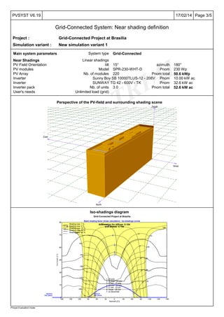 PVsyst TRIAL
Page 3/517/02/14PVSYST V6.19
Grid-Connected System: Near shading definition
PVsyst Evaluation mode
Project : Grid-Connected Project at Brasilia
Simulation variant : New simulation variant 1
Main system parameters System type Grid-Connected
Near Shadings Linear shadings
PV Field Orientation tilt 15° azimuth 180°
PV modules Model SPR-230-WHT-D Pnom 230 Wp
PV Array Nb. of modules 220 Pnom total 50.6 kWp
Inverter Sunny Boy SB 10000TLUS-12 - 208V Pnom 10.00 kW ac
Inverter SUNWAY TG 42 - 600V - TK Pnom 32.6 kW ac
Inverter pack Nb. of units 3.0 Pnom total 52.6 kW ac
User's needs Unlimited load (grid)
Perspective of the PV-field and surrounding shading scene
East
North
Zenith
West
Iso-shadings diagram
180 150 120 90 60 30 0 -30 -60 -90 -120 -150 -180
Azimuth [[°]]
0
15
30
45
60
75
90
Sunheight[[°]]
Grid-Connected Project at Brasilia
Beam shading factor (linear calculation) : Iso-shadings curves
1: 22 june
2: 22 may - 23 july
3: 20 apr - 23 aug
4: 20 mar - 23 sep
5: 21 feb - 23 oct
6: 19 jan - 22 nov
7: 22 december
7h
8h
9h
10h
11h
12h
13h
14h
15h
16h
17h
18h
1
2
3
4
56
7
Behind
the plane
Behind
the plane
Shading loss: 1 %
Shading loss: 5 %
Shading loss: 10 %
Shading loss: 20 %
Shading loss: 40 %
Attenuation for diffuse: 0.104
and albedo: 0.794
 