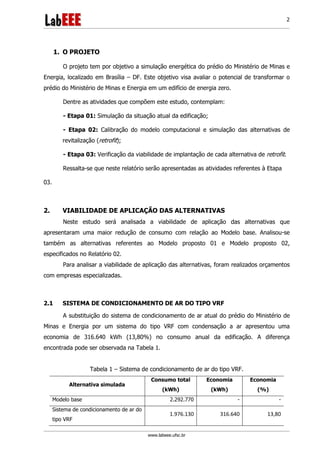www.labeee.ufsc.br
2
1. O PROJETO
O projeto tem por objetivo a simulação energética do prédio do Ministério de Minas e
Energia, localizado em Brasília – DF. Este objetivo visa avaliar o potencial de transformar o
prédio do Ministério de Minas e Energia em um edifício de energia zero.
Dentre as atividades que compõem este estudo, contemplam:
- Etapa 01: Simulação da situação atual da edificação;
- Etapa 02: Calibração do modelo computacional e simulação das alternativas de
revitalização (retrofit);
- Etapa 03: Verificação da viabilidade de implantação de cada alternativa de retrofit.
Ressalta-se que neste relatório serão apresentadas as atividades referentes à Etapa
03.
2. VIABILIDADE DE APLICAÇÃO DAS ALTERNATIVAS
Neste estudo será analisada a viabilidade de aplicação das alternativas que
apresentaram uma maior redução de consumo com relação ao Modelo base. Analisou-se
também as alternativas referentes ao Modelo proposto 01 e Modelo proposto 02,
especificados no Relatório 02.
Para analisar a viabilidade de aplicação das alternativas, foram realizados orçamentos
com empresas especializadas.
2.1 SISTEMA DE CONDICIONAMENTO DE AR DO TIPO VRF
A substituição do sistema de condicionamento de ar atual do prédio do Ministério de
Minas e Energia por um sistema do tipo VRF com condensação a ar apresentou uma
economia de 316.640 kWh (13,80%) no consumo anual da edificação. A diferença
encontrada pode ser observada na Tabela 1.
Tabela 1 – Sistema de condicionamento de ar do tipo VRF.
Alternativa simulada
Consumo total
(kWh)
Economia
(kWh)
Economia
(%)
Modelo base 2.292.770 - -
Sistema de condicionamento de ar do
tipo VRF
1.976.130 316.640 13,80
 