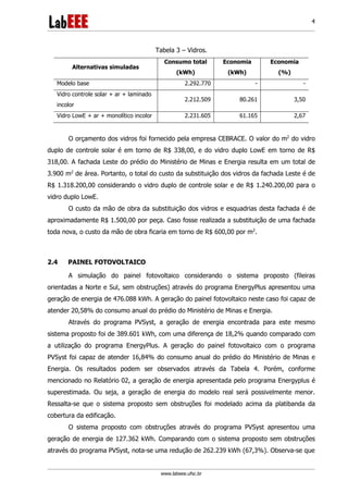 www.labeee.ufsc.br
4
Tabela 3 – Vidros.
Alternativas simuladas
Consumo total
(kWh)
Economia
(kWh)
Economia
(%)
Modelo base 2.292.770 - -
Vidro controle solar + ar + laminado
incolor
2.212.509 80.261 3,50
Vidro LowE + ar + monolítico incolor 2.231.605 61.165 2,67
O orçamento dos vidros foi fornecido pela empresa CEBRACE. O valor do m2
do vidro
duplo de controle solar é em torno de R$ 338,00, e do vidro duplo LowE em torno de R$
318,00. A fachada Leste do prédio do Ministério de Minas e Energia resulta em um total de
3.900 m2
de área. Portanto, o total do custo da substituição dos vidros da fachada Leste é de
R$ 1.318.200,00 considerando o vidro duplo de controle solar e de R$ 1.240.200,00 para o
vidro duplo LowE.
O custo da mão de obra da substituição dos vidros e esquadrias desta fachada é de
aproximadamente R$ 1.500,00 por peça. Caso fosse realizada a substituição de uma fachada
toda nova, o custo da mão de obra ficaria em torno de R$ 600,00 por m2
.
2.4 PAINEL FOTOVOLTAICO
A simulação do painel fotovoltaico considerando o sistema proposto (fileiras
orientadas a Norte e Sul, sem obstruções) através do programa EnergyPlus apresentou uma
geração de energia de 476.088 kWh. A geração do painel fotovoltaico neste caso foi capaz de
atender 20,58% do consumo anual do prédio do Ministério de Minas e Energia.
Através do programa PVSyst, a geração de energia encontrada para este mesmo
sistema proposto foi de 389.601 kWh, com uma diferença de 18,2% quando comparado com
a utilização do programa EnergyPlus. A geração do painel fotovoltaico com o programa
PVSyst foi capaz de atender 16,84% do consumo anual do prédio do Ministério de Minas e
Energia. Os resultados podem ser observados através da Tabela 4. Porém, conforme
mencionado no Relatório 02, a geração de energia apresentada pelo programa Energyplus é
superestimada. Ou seja, a geração de energia do modelo real será possivelmente menor.
Ressalta-se que o sistema proposto sem obstruções foi modelado acima da platibanda da
cobertura da edificação.
O sistema proposto com obstruções através do programa PVSyst apresentou uma
geração de energia de 127.362 kWh. Comparando com o sistema proposto sem obstruções
através do programa PVSyst, nota-se uma redução de 262.239 kWh (67,3%). Observa-se que
 