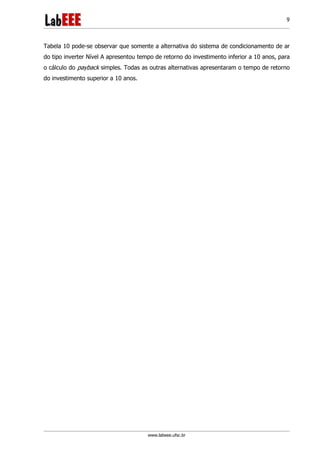 www.labeee.ufsc.br
9
Tabela 10 pode-se observar que somente a alternativa do sistema de condicionamento de ar
do tipo inverter Nível A apresentou tempo de retorno do investimento inferior a 10 anos, para
o cálculo do payback simples. Todas as outras alternativas apresentaram o tempo de retorno
do investimento superior a 10 anos.
 