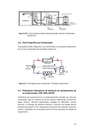 43
Figura 3.4-B – Sistema típico de Água Gelada (expansão indireta) e climatizador
tipo fan-coil
3.2 Ciclo Frigorífico por Compressão
A evolução do fluido refrigerante, num ciclo fechado, e os principais componentes
de um ciclo a compressão são mostrados na figura 3.5.
Figura 3.5 – Ciclo frigorífico por compressão – Principais componentes
3.3 Parâmetros indicadores da eficiência de equipamentos de
ar-condicionado: COP, EER, kW/TR
A eficiência dos equipamentos de ar-condicionado (AC), baseados nos ciclos por
compressão, pode ser expressa de formas diversas dependendo da fonte dos
dados (internet, literatura especializada, catálogos de fabricantes, normas
técnicas). O indicador de eficiência relaciona o consumo de energia elétrica
necessário para gerar o “frio” requerido (ou vice-versa). Esse indicador serve para
orientar o projetista ou o consumidor quanto à forma econômica de seleção do
equipamento.
 