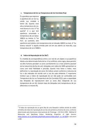 58
c. Temperatura de Cor ou Temperatura de Cor Correlata (Tcp)
É a grandeza que expressa
à aparência de cor da luz,
sendo sua unidade o
kelvin (K). Quanto mais
alta a temperatura de cor,
mais branca é a luz. A “luz
quente” é a que tem
aparência amarelada e
temperatura de cor baixa:
3000 K ou menos. A “luz
fria”, ao contrário, tem
aparência azul-violeta, com temperatura de cor elevada: 6000 K ou mais. A “luz
branca natural” é aquela emitida pelo sol em céu aberto ao meio-dia, cuja
temperatura de cor é 5800 K.
d. Índice de Reprodução de Cor (Ra4
)
É a medida da correspondência entre a cor real de um objeto e sua aparência
diante uma determinada fonte de luz. A luz artificial, como regra, deve permitir
ao olho humano perceber as cores corretamente ou o mais próximo possível
da luz natural do dia (luz do sol). Lâmpadas com índice de 100% apresentam as
cores com total fidelidade e precisão. Quanto mais baixo o índice, mais
deficiente é a reprodução de cores. Os índices variam conforme a natureza da
luz e são indicados de acordo com o uso de cada ambiente. É importante
lembrar que o índice de reprodução de cor não pode ser confundido com
Temperatura de Cor ou Temperatura de Cor Correlata (TCC), pois a capacidade
das lâmpadas de reproduzirem bem as cores (Ra) independe de sua
temperatura de cor (K). Existem tipos de lâmpadas com temperaturas de cor
diferentes e o mesmo Ra.
4
O índice de reprodução de cor geral (Ra) de uma lâmpada é obtido através da média
aritmética do índice de reprodução de cor das oito primeiras amostras de cores, conforme
determinado pela Commission Internacionale de l’Eclairage – CIE 013.3-1995 - Method of
Measuring and Specifying Colour Rendering Properties of Light Sources
(http://www.cie.co.at/index.php/Publications/index.php?i_ca_id=303) e varia de 0
a 100.
 