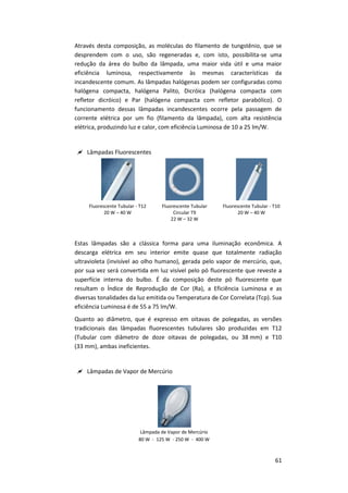 61
Através desta composição, as moléculas do filamento de tungstênio, que se
desprendem com o uso, são regeneradas e, com isto, possibilita-se uma
redução da área do bulbo da lâmpada, uma maior vida útil e uma maior
eficiência luminosa, respectivamente às mesmas características da
incandescente comum. As lâmpadas halógenas podem ser configuradas como
halógena compacta, halógena Palito, Dicróica (halógena compacta com
refletor dicróico) e Par (halógena compacta com refletor parabólico). O
funcionamento dessas lâmpadas incandescentes ocorre pela passagem de
corrente elétrica por um fio (filamento da lâmpada), com alta resistência
elétrica, produzindo luz e calor, com eficiência Luminosa de 10 a 25 lm/W.
 Lâmpadas Fluorescentes
Fluorescente Tubular - T12
20 W – 40 W
Fluorescente Tubular
Circular T9
22 W – 32 W
Fluorescente Tubular - T10
20 W – 40 W
Estas lâmpadas são a clássica forma para uma iluminação econômica. A
descarga elétrica em seu interior emite quase que totalmente radiação
ultravioleta (invisível ao olho humano), gerada pelo vapor de mercúrio, que,
por sua vez será convertida em luz visível pelo pó fluorescente que reveste a
superfície interna do bulbo. É da composição deste pó fluorescente que
resultam o Índice de Reprodução de Cor (Ra), a Eficiência Luminosa e as
diversas tonalidades da luz emitida ou Temperatura de Cor Correlata (Tcp). Sua
eficiência Luminosa é de 55 a 75 lm/W.
Quanto ao diâmetro, que é expresso em oitavas de polegadas, as versões
tradicionais das lâmpadas fluorescentes tubulares são produzidas em T12
(Tubular com diâmetro de doze oitavas de polegadas, ou 38 mm) e T10
(33 mm), ambas ineficientes.
 Lâmpadas de Vapor de Mercúrio
Lâmpada de Vapor de Mercúrio
80 W - 125 W - 250 W - 400 W
 