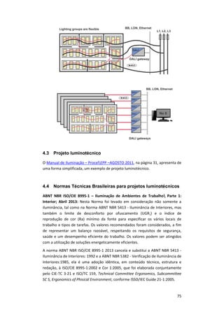 75
4.3 Projeto luminotécnico
O Manual de Iluminação – ProcelEPP –AGOSTO 2011, na página 31, apresenta de
uma forma simplificada, um exemplo de projeto luminotécnico.
4.4 Normas Técnicas Brasileiras para projetos luminotécnicos
ABNT NBR ISO/CIE 8995-1 – Iluminação de Ambientes de Trabalho Parte 1:
Interior; Abril 2013: Nesta Norma foi levado em consideração não somente a
iluminância, tal como na Norma ABNT NBR 5413 - Iluminância de Interiores, mas
também o limite de desconforto por ofuscamento (UGRL) e o índice de
reprodução de cor (Ra) mínimo da fonte para especificar os vários locais de
trabalho e tipos de tarefas. Os valores recomendados foram considerados, a fim
de representar um balanço razoável, respeitando os requisitos de segurança,
saúde e um desempenho eficiente do trabalho. Os valores podem ser atingidos
com a utilização de soluções energeticamente eficientes.
A norma ABNT NBR ISO/CIE 8995-1 2013 cancela e substitui a ABNT NBR 5413 -
Iluminância de Interiores: 1992 e a ABNT NBR 5382 - Verificação de Iluminância de
Interiores:1985, ela é uma adoção idêntica, em conteúdo técnico, estrutura e
redação, à ISO/CIE 8995-1:2002 e Cor 1:2005, que foi elaborada conjuntamente
pelo CIE-TC 3-21 e ISO/TC 159, Technical Committee Ergonomics, Subcommittee
SC 5, Ergonomics of Phisical Environment, conforme ISSO/IEC Guide 21-1:2005.
 