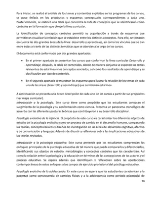 10
Para iniciar, se realizó el análisis de los temas y contenidos explícitos en los programas de los cursos,
se puso énfasis en los propósitos y esquemas conceptuales correspondientes a cada uno.
Posteriormente, se elaboró una tabla que concentra la lista de conceptos que se identificaron como
centrales en la formación que ofrece la línea curricular.
La identificación de conceptos centrales permitió su organización a través de esquemas que
permitieran visualizar la relación que se establece entre los distintos conceptos. Para ello, se tomaron
en cuenta las dos grandes áreas de la línea: desarrollo y aprendizaje, así como los vínculos que se dan
entre éstas a través de las distintas temáticas que se abordan a lo largo de los cursos.
El documento está conformado por dos grandes apartados:
 En el primer apartado se presentan los cursos que conforman la línea curricular Desarrollo y
Aprendizaje, después, la tabla de contenidos, donde de manera conjunta se exponen los temas
relevantes de esta línea y los conceptos asociados, así como los resultados de aprendizaje y su
clasificación por tipo de contenido.
 En el segundo apartado se muestran los esquemas para ilustrar la relación de los temas de cada
una de las áreas (desarrollo y aprendizaje) que conforman esta línea.
A continuación se presenta una breve descripción de cada uno de los cursos a partir de sus propósitos
(ver mapa curricular).
Introducción a la psicología. Este curso tiene como propósito que los estudiantes conozcan el
surgimiento de la psicología y su conformación como ciencia. Presenta un panorama cronológico de
acuerdo con las diferentes posturas teóricas que contribuyeron a su desarrollo disciplinar.
Psicología evolutiva de la infancia. El propósito de este curso es caracterizar los diferentes objetos de
estudio de la psicología evolutiva como un proceso de cambio en el desarrollo humano, comparando
las teorías, conceptos básicos y diseños de investigación en las áreas del desarrollo cognitivo, afectivo
y de comunicación y lenguaje. Además de discutir y reflexionar sobre las implicaciones educativas de
las teorías revisadas.
Introducción a la psicología educativa. Este curso pretende que los estudiantes comprendan los
enfoques principales de la psicología educativa de tal manera que pueda compararlos y diferenciarlos,
identificando sus objetos de estudio, metodologías y conceptos centrales que los caracterizan. Así
como la relación entre la psicología y la educación en términos de las concepciones de los actores y el
proceso educativo. Se espera además que identifiquen y reflexionen sobre las aportaciones
contemporáneas de estos enfoques a los campos de ejercicio profesional del psicólogo educativo.
Psicología evolutiva de la adolescencia. En este curso se espera que los estudiantes caractericen a la
pubertad como consecuencia de cambios físicos y a la adolescencia como periodo psicosocial de
 