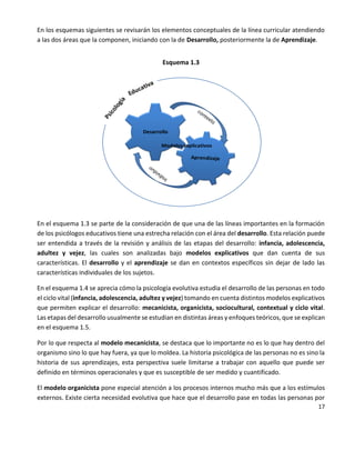 17
En los esquemas siguientes se revisarán los elementos conceptuales de la línea curricular atendiendo
a las dos áreas que la componen, iniciando con la de Desarrollo, posteriormente la de Aprendizaje.
Esquema 1.3
Desarrollo
Modelos explicativos
En el esquema 1.3 se parte de la consideración de que una de las líneas importantes en la formación
de los psicólogos educativos tiene una estrecha relación con el área del desarrollo. Esta relación puede
ser entendida a través de la revisión y análisis de las etapas del desarrollo: infancia, adolescencia,
adultez y vejez, las cuales son analizadas bajo modelos explicativos que dan cuenta de sus
características. El desarrollo y el aprendizaje se dan en contextos específicos sin dejar de lado las
características individuales de los sujetos.
En el esquema 1.4 se aprecia cómo la psicología evolutiva estudia el desarrollo de las personas en todo
el ciclo vital (infancia, adolescencia, adultez y vejez) tomando en cuenta distintos modelos explicativos
que permiten explicar el desarrollo: mecanicista, organicista, sociocultural, contextual y ciclo vital.
Las etapas del desarrollo usualmente se estudian en distintas áreas y enfoques teóricos, que se explican
en el esquema 1.5.
Por lo que respecta al modelo mecanicista, se destaca que lo importante no es lo que hay dentro del
organismo sino lo que hay fuera, ya que lo moldea. La historia psicológica de las personas no es sino la
historia de sus aprendizajes, esta perspectiva suele limitarse a trabajar con aquello que puede ser
definido en términos operacionales y que es susceptible de ser medido y cuantificado.
El modelo organicista pone especial atención a los procesos internos mucho más que a los estímulos
externos. Existe cierta necesidad evolutiva que hace que el desarrollo pase en todas las personas por
 