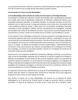 55
y que son parte de esta línea. Asimismo, se presenta a través de esquemas la organización conceptual
de la LM, de tal forma que se tenga claridad sobre dichos conceptos centrales.
Caracterización de la línea curricular Metodológica
La línea Metodológica dentro del plan de estudios de la licenciatura en Psicología Educativa
Un psicólogo en el ámbito de lo educativo y escolar tiene múltiples retos y posibilidades de aplicación
en el trabajo, tales como el aprendizaje, la adecuación de materiales a poblaciones diversas y con
necesidades educativas especiales, la orientación educativa, la evaluación educativa, la atención a
problemas como la violencia escolar, la integración educativa, entre muchos otros. Para atender estos
y otros problemas propios del campo, se debe contar con una formación metodológica informada,
sustentada en teorías, paradigmas, métodos, técnicas y procedimientos de investigación -entendida
esta actividad como resolución de problemas concretos, más que como un proceso de generación de
conocimiento en sí misma- acorde con las maneras de ver el mundo y con los problemas a resolver.
En este sentido la línea metodológica pretende dar al fututo profesional en psicología educativa, las
herramientas necesarias para tener una práctica profesional reflexiva y sustentada en la teoría, con
conocimiento de la racionalidad de dichas herramientas. Para ello en la materia de Enfoques y Métodos
de Investigación, se incursiona en el análisis del problema del conocimiento -¿qué es el conocimiento?,
¿qué es la ciencia?-, se abordan las principales corrientes epistemológicas -empirismo/positivismo,
racionalismo crítico, constructivismo- que sustentan a los paradigmas de la investigación en el ámbito
de la psicología, y se revisan los principales métodos y técnicas de investigación de recolección de
información propios de estos paradigmas.
Posteriormente, en las asignaturas de Métodos Cuantitativos y Métodos Cualitativos, se incursiona en
cada una de las metodologías respectivas que se esbozaron al final de la asignatura de Enfoques y
Métodos de Investigación. En este sentido, los dos cursos de Estadística analizan en la aplicación las
cuestiones relativas a la medición y el uso de diversas herramientas estadísticas. En la asignatura de
Enfoques y Métodos de Investigación se abre la discusión acerca de la dualidad entre los dos principales
paradigmas de investigación psicológica y se articulan las herramientas cuantitativas cubiertas en los
cursos de estadística con el curso de Métodos Cuantitativos.
Es importante mencionar que, evidentemente, los cursos de la Línea Metodológica no son asignaturas
aisladas, dado que siempre es necesario hacer relación de los contenidos de las otras asignaturas
propias de la línea e incluso con otras del plan de estudios.
Para finalizar el tránsito por la Línea Metodológica, los alumnos en el seminario de Diseño
Metodológico y en el Seminario de Titulación ponen en juego los elementos teóricos y prácticos
aprendidos a lo largo de las asignaturas de cuarto, quinto y sexto, pues allí se recuperan textos,
 