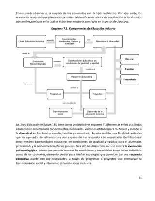 91
Como puede observarse, la mayoría de los contenidos son de tipo declarativo. Por otra parte, los
resultados de aprendizaje planteados permiten la identificación teórica de la aplicación de los distintos
contenidos, con base en lo cual se elaboraron reactivos centrados en aspectos declarativos.
Esquema 7.1. Componentes de Educación Inclusiva
La Línea Educación Inclusiva (LEI) tiene como propósito (ver esquema 7.1) fomentar en los psicólogos
educativos el desarrollo de conocimientos, habilidades, valores y actitudes para reconocer y atender a
la diversidad en los ámbitos escolar, familiar y comunitario. En este sentido, una finalidad central es
que los egresados de la licenciatura sean capaces de dar respuesta a las necesidades identificadas al
crear mejores oportunidades educativas en condiciones de igualdad y equidad para el alumnado,
profesorado y la comunidad escolar en general. Para ello se utiliza como recurso central la evaluación
psicopedagógica, misma que permite conocer las condiciones y necesidades tanto de los individuos
como de los contextos, elemento central para diseñar estrategias que permitan dar una respuesta
educativa acorde con sus necesidades, a través de programas o proyectos que promuevan la
transformación social y el fomento de la educación inclusiva.
 