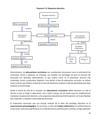 96
Esquema 7.4. Respuesta educativa
Generalmente, las adecuaciones curriculares son consideradas únicamente como la eliminación de
contenidos, temas u objetivos, sin embargo, son también una estrategia útil para la atención del
alumnado con aptitudes sobresalientes, lo que implica incluir en la planeación docente más
contenidos, temas y profundizar objetivos. Para decidir el tipo de adecuación curricular, se utilizan
varios criterios que facilitan al docente la toma de decisiones respecto al tipo de aprendizaje que debe
enfatizar en el alumnado.
Desde el punto de vista de la inclusión, las adecuaciones curriculares deben favorecer no sólo al
alumno al que se dirige la adecuación, sino a todo el grupo, de tal manera que las modificaciones
realizadas a la planeación docente y a los programas educativos permitirán generar currículos flexibles
que respondan y respeten la diversidad del alumnado.
Es importante mencionar que una función medular de la labor del psicólogo educativo es el
asesoramiento psicopedagógico. En esa tarea, a través del trabajo colaborativo con profesionales de
la educación y personas significativas en la vida del alumno (profesionales y familia), se logra optimizar
 