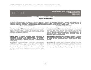 G U Í A P A R A E L S U S T E N T A N T E D E L E X A M E N G E N E R A L P A R A E L E G R E S O D E L A L I C E N C I A T U R A E N M E D I C I N A G E N E R A L
58
Niveles de Desempeño
El EGEL-MEDI permite identificar el nivel de dominio o desempeño logrado por el sustentante con respecto a los conocimientos y habilidades que el Consejo Técnico del
Examen ha definido como necesarios para iniciarse eficazmente en el ejercicio profesional. Cuando un sustentante obtiene niveles 2 y 3 en el examen, implica que ha
demostrado contar con los conocimientos y habilidades que están siendo evaluados. A continuación se describe cada uno de esos dos niveles.
Nivel de desempeño satisfactorio Nivel de desempeño sobresaliente
Promoción de la salud y prevención de riesgos. El sustentante calcula los
índices epidemiológicos; identifica los factores condicionantes; previene riesgos y
promueve la salud mediante la educación; identifica acciones de protección
específica y de detección oportuna; además, refiere y contrarrefiere a pacientes de
acuerdo con sus capacidades de atención.
Atención médica. El sustentante identifica el abordaje diagnóstico de las
enfermedades más frecuentes en las diferentes etapas de la vida, mediante la
interpretación de síntomas, signos, resultados de análisis de laboratorio o
gabinete; también establece el tratamiento farmacológico y no farmacológico de
primera elección.
Sociomedicina. El sustentante identifica el marco legal vigente que rige la
práctica médica en México y emplea el marco operacional de la vigilancia
epidemiológica en la práctica cotidiana; ejecuta actividades de los programas
nacionales y regionales de salud aplicables a la población que atiende; elige
fuentes de información clínica y biomédica adecuadas para la toma de decisiones,
y utiliza el método científico para analizar información médica de carácter
científico.
Promoción de la salud y prevención de riesgos. El sustentante utiliza los
índices epidemiológicos para dimensionar los daños a la salud en una población
determinada; aplica acciones específicas de prevención, por edad y sexo, para
evitar complicaciones en el individuo, la familia y la comunidad, así como de
protección específica y detección oportuna; asimismo, hace el seguimiento de los
pacientes que deriva al segundo nivel de atención aplicando las medidas de
rehabilitación básica en la contrarreferencia.
Atención médica. El sustentante realiza actividades de diagnóstico y pronóstico
de las enfermedades más frecuentes, solicita e interpreta estudios de laboratorio y
de gabinete de mayor complejidad e indica el manejo terapéutico integral
adecuado.
Sociomedicina. El sustentante tiene un conocimiento amplio del marco legal
vigente que rige la práctica médica; implementa, en el momento oportuno, las
medidas adecuadas de la vigilancia epidemiológica en la práctica cotidiana, con
las herramientas apropiadas y con actitud proactiva. Además, instrumenta
acciones para generar conocimiento por medio de la investigación.
Examen General para el Egreso de la Licenciatura
en Medicina General
EGEL-MEDI
 